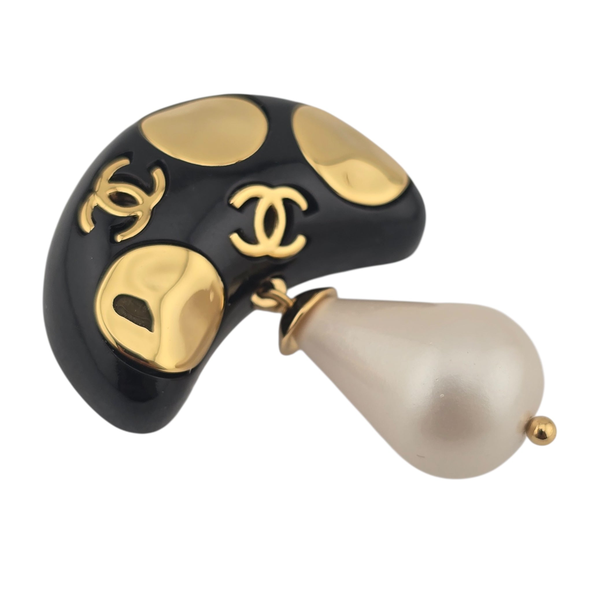 Chanel CC Mushroom Black Gold Pin Brooch CHANEL