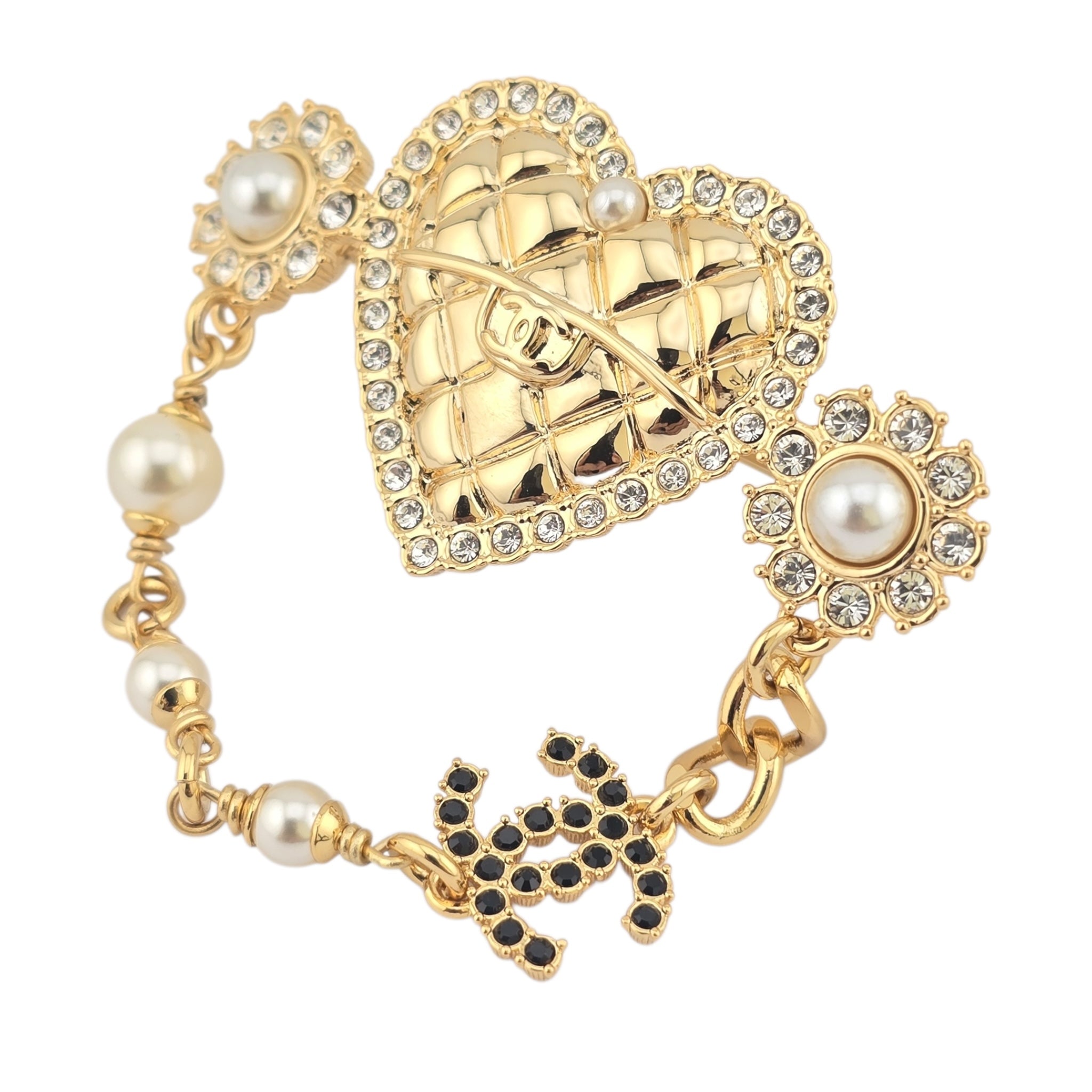 Chanel CC Gold Heart Crystal Faux Pearl Brooch 2024 CHANEL