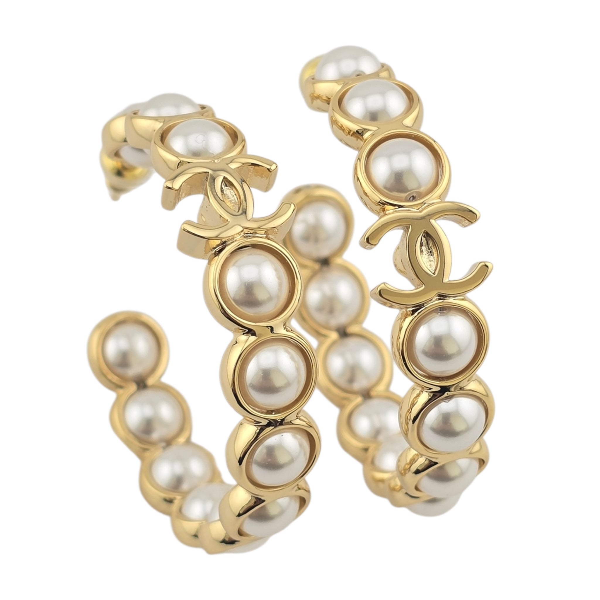 Chanel CC Faux Pearl Gold Hoop Earrings 2024 CHANEL