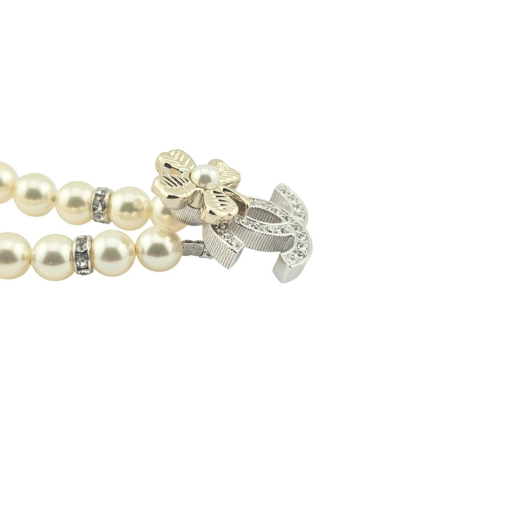 Chanel Pearl Necklace with Crystal CC Logo and Floral Detail 2024 CHANEL