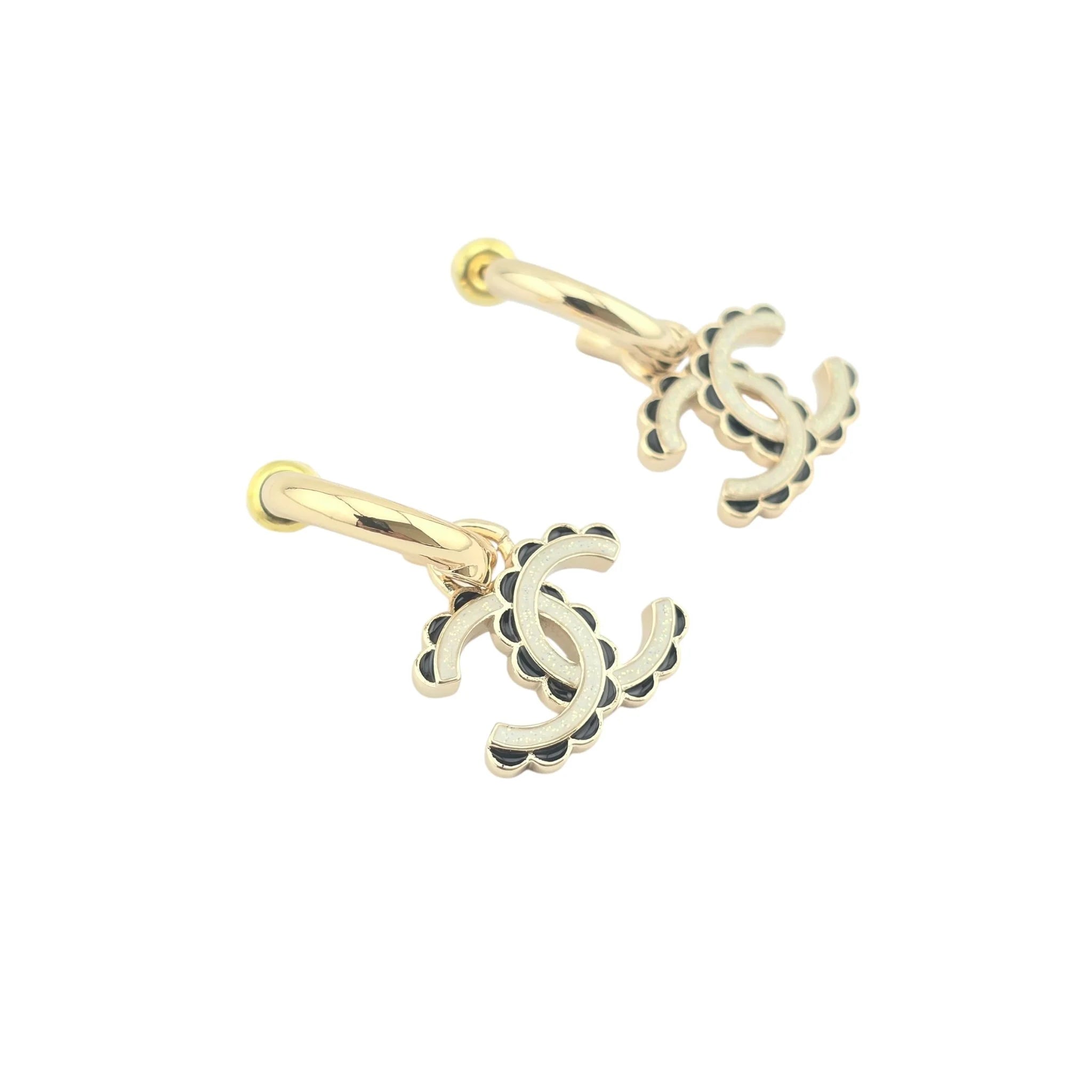 Chanel CC Black/White Enamel Hoop C24 Earrings CHANEL