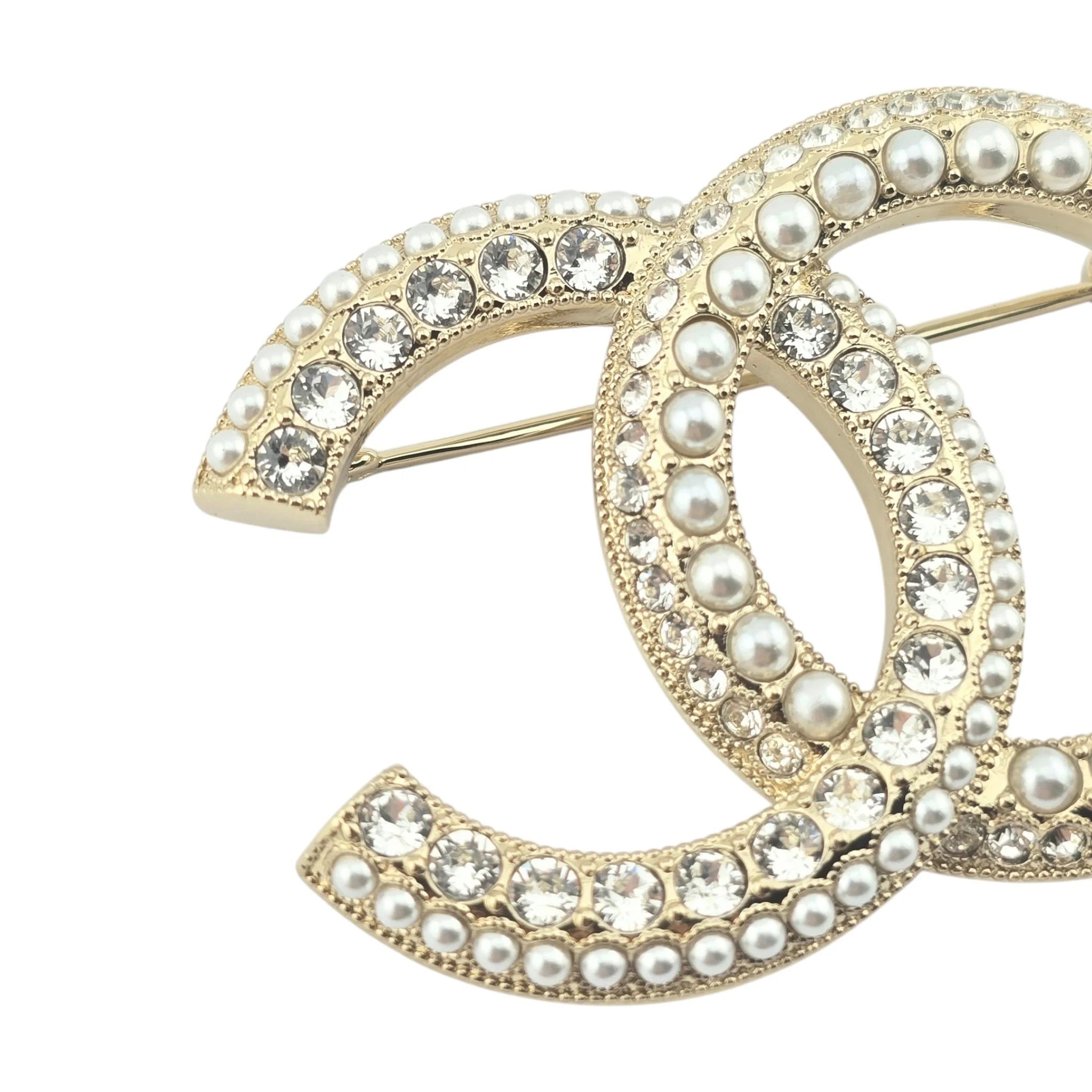 Chanel CC Gold Crystals Faux Pearl Brooch 2022 CHANEL
