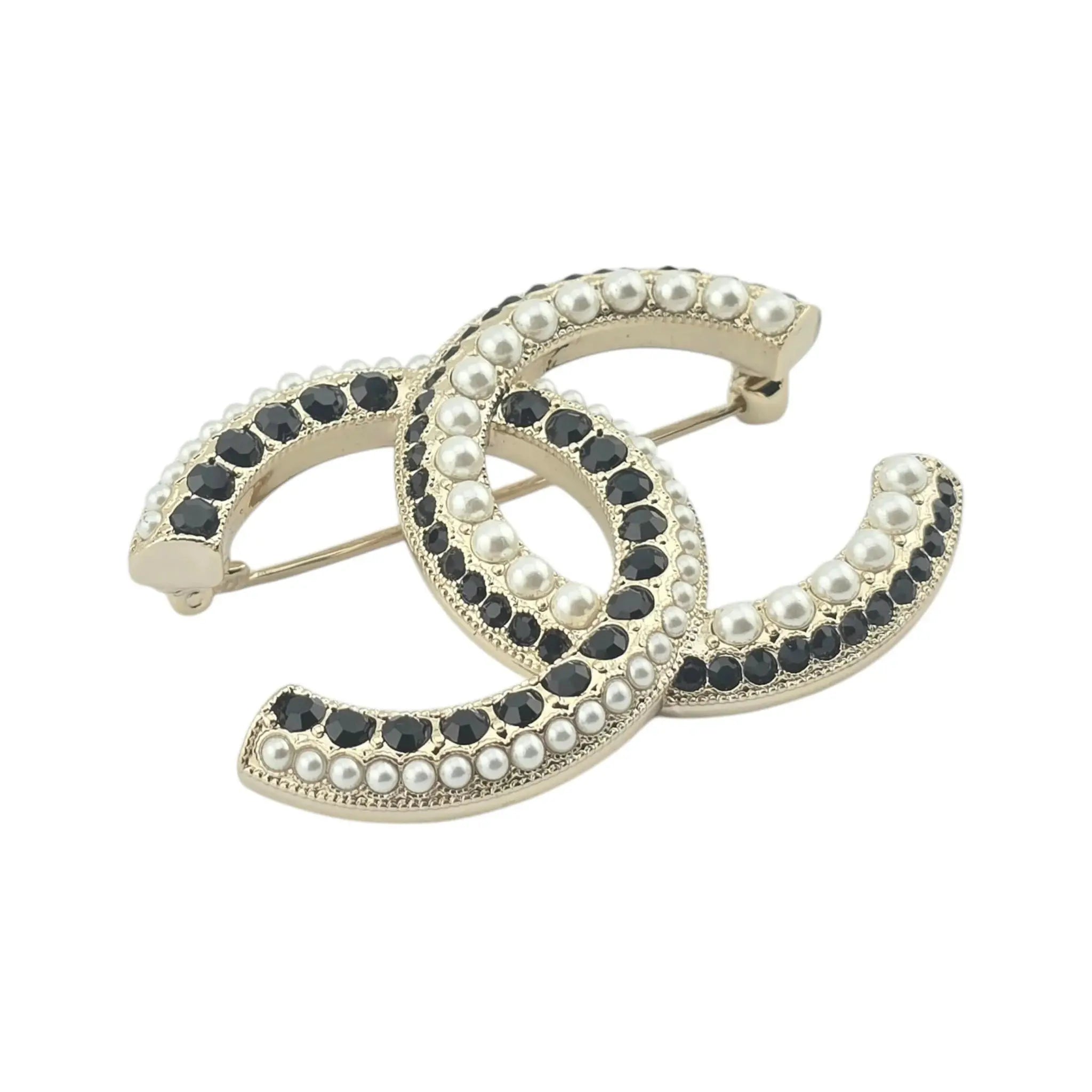 Chanel CC Gold Black Crystals Faux Pearl Brooch 2022 CHANEL