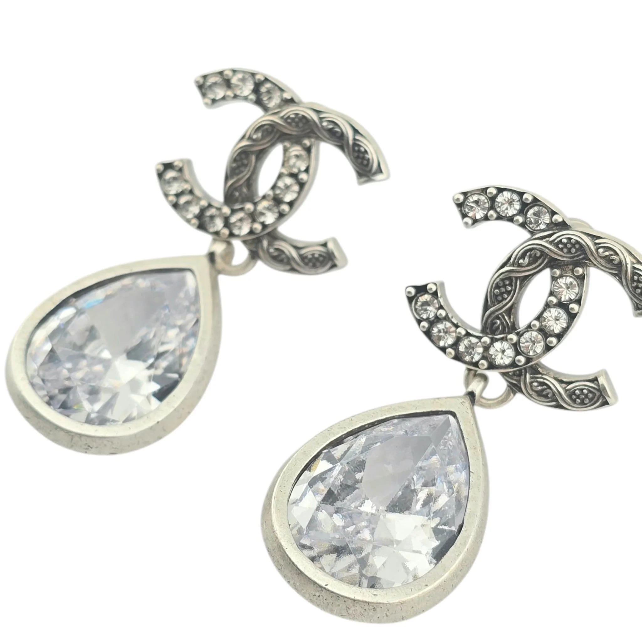 Chanel CC Tear Drop Crystal Dangle Silver Earrings 2024 CHANEL