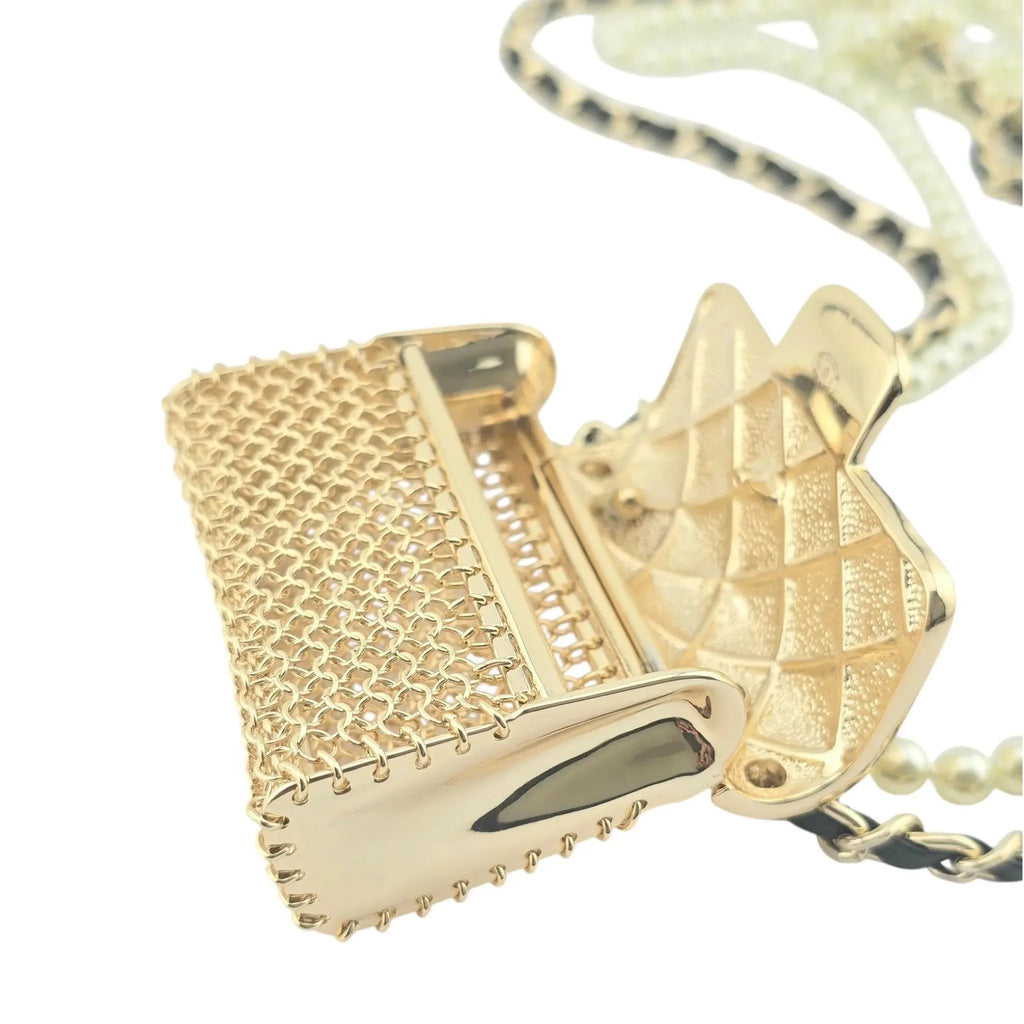 Chanel Flap Bag Pendant Long Necklace Quilted Metal with Lambskin and Faux Pearl CHANEL