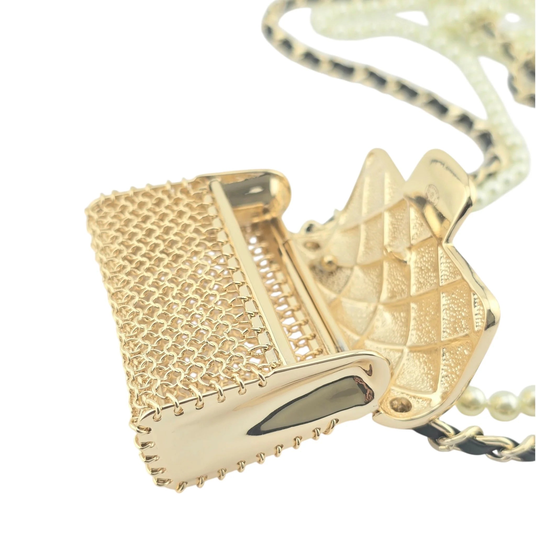Chanel Flap Bag Pendant Long Necklace Quilted Metal with Lambskin and Faux Pearl CHANEL