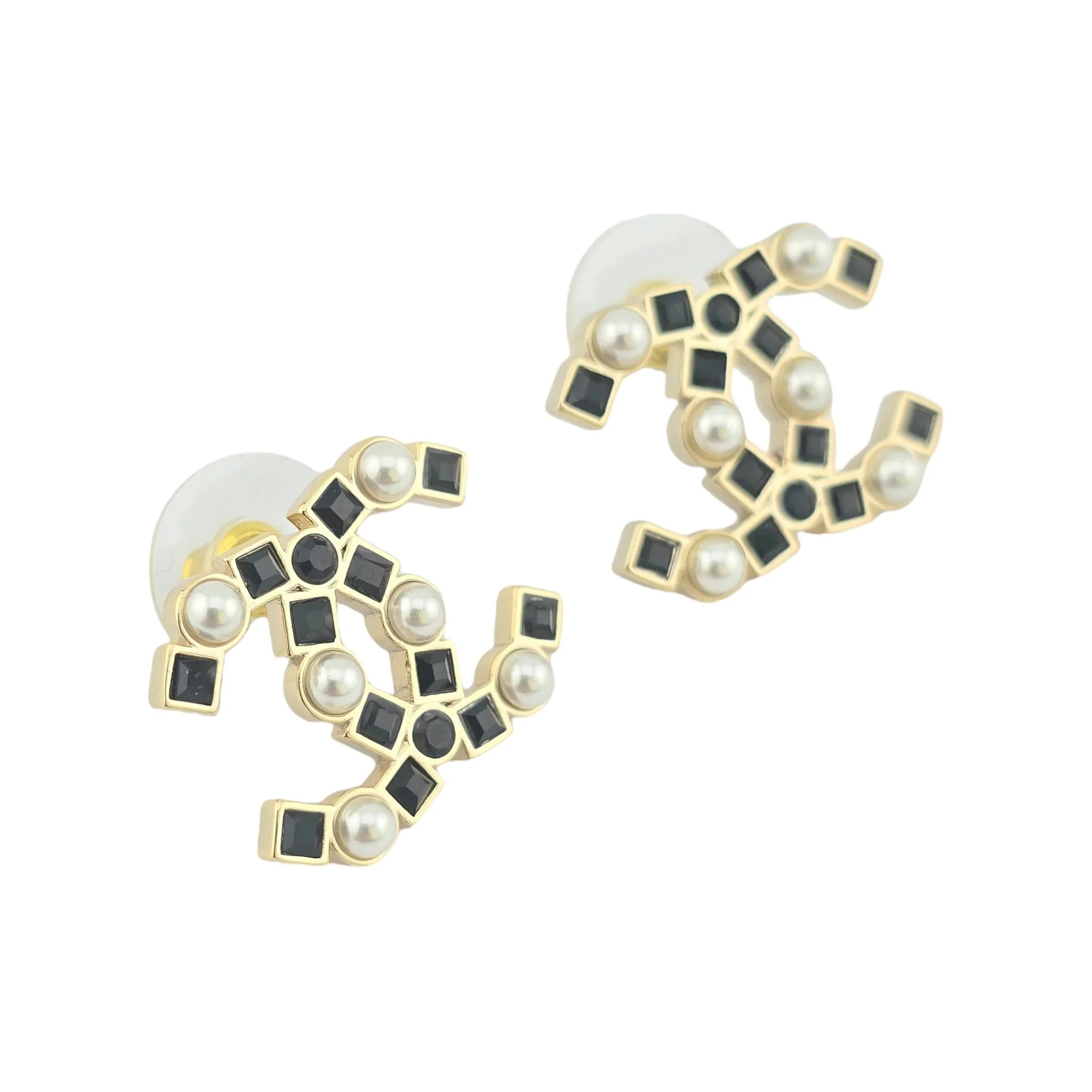 Chanel CC Black Crystal Pearl Stud Earrings 22P CHANEL