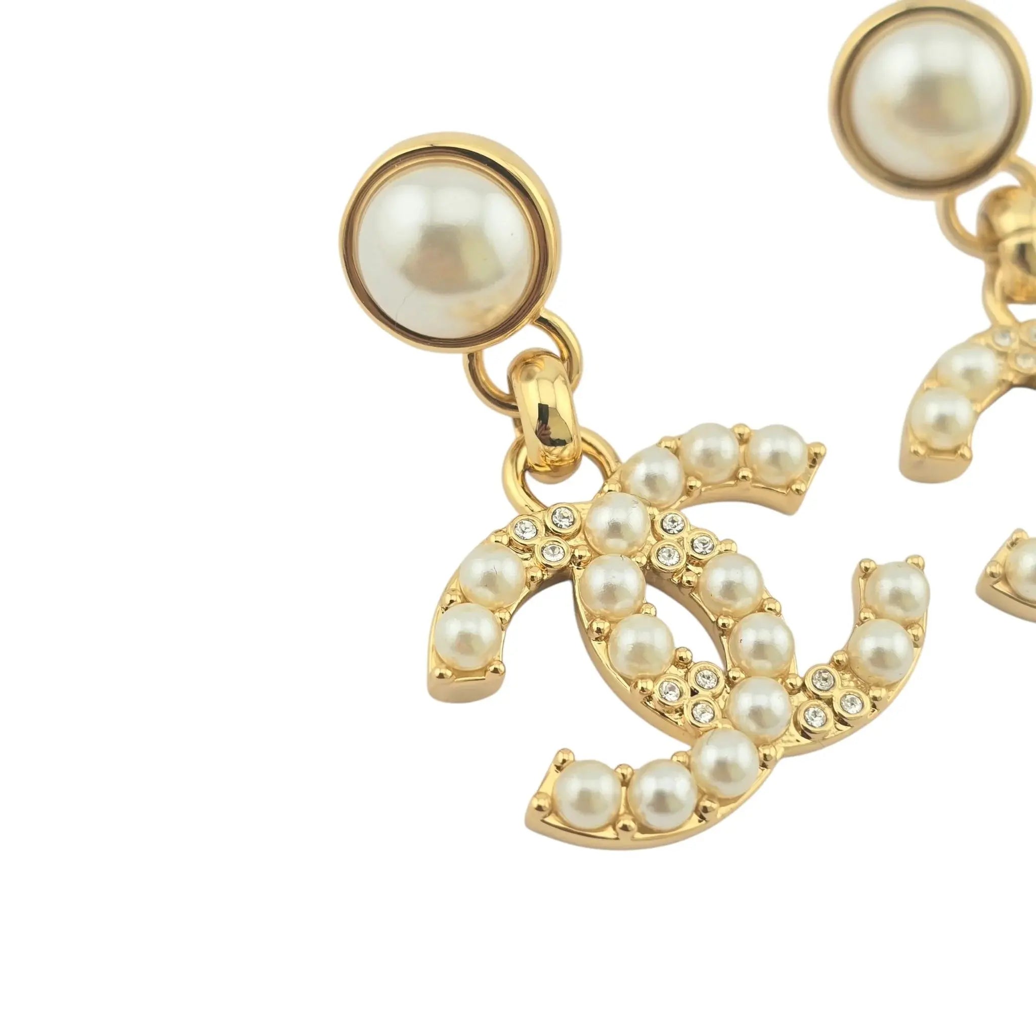 Chanel CC Gold Faux Pearl Crystal Drop Earrings 2024 CHANEL