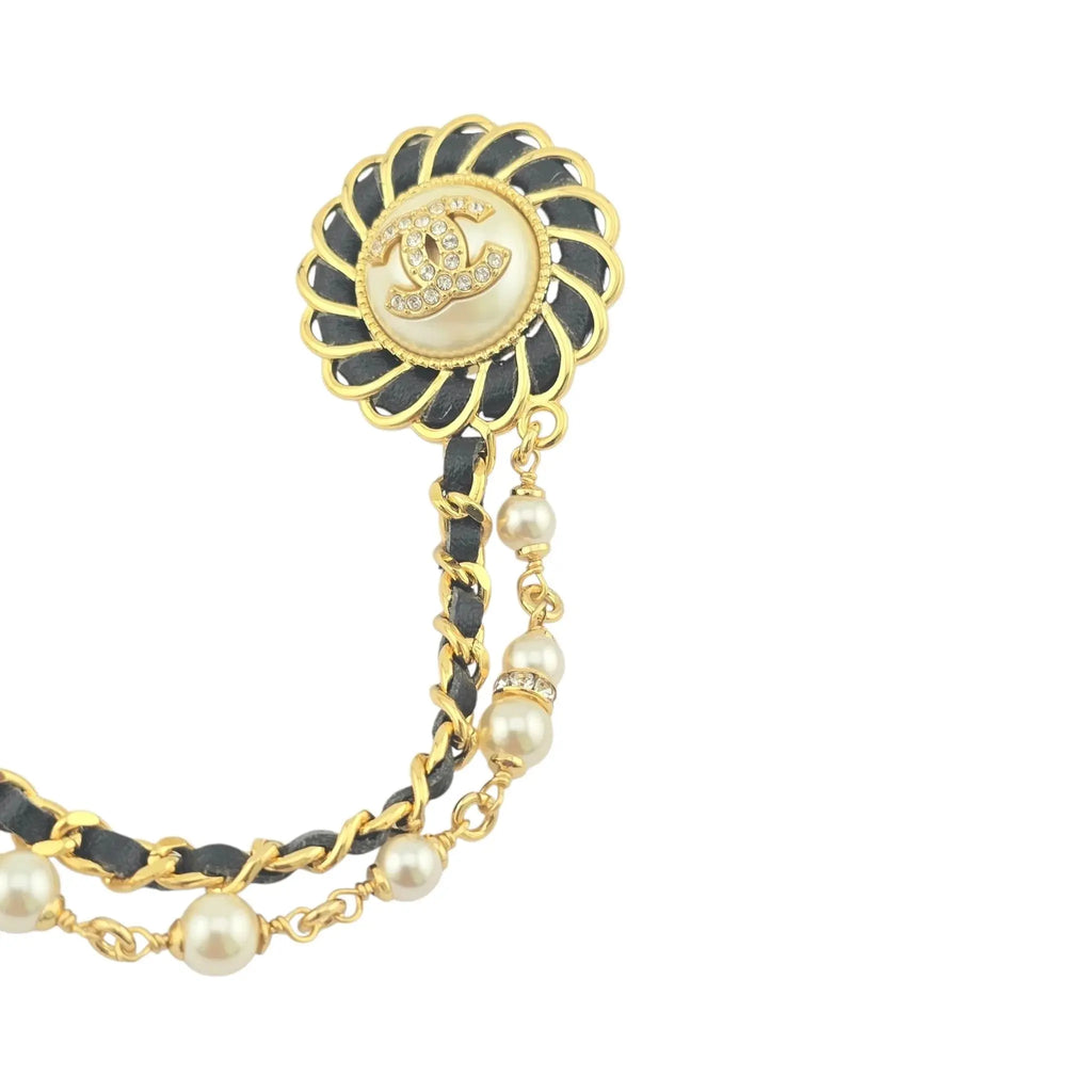 Chanel CC Leather Faux Pearl Crystal Chain Brooch 2024 CHANEL