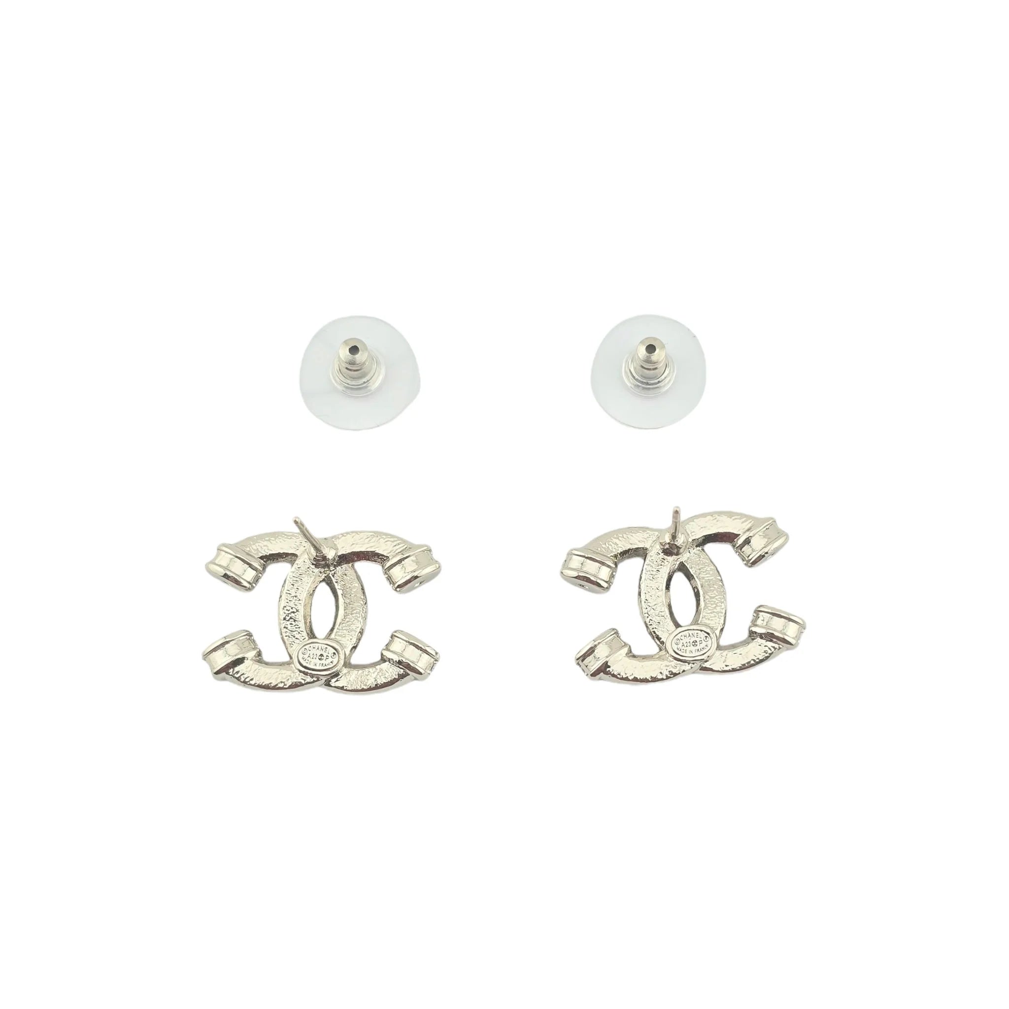 Chanel CC Silver Crystal Stud Earrings 2023 CHANEL