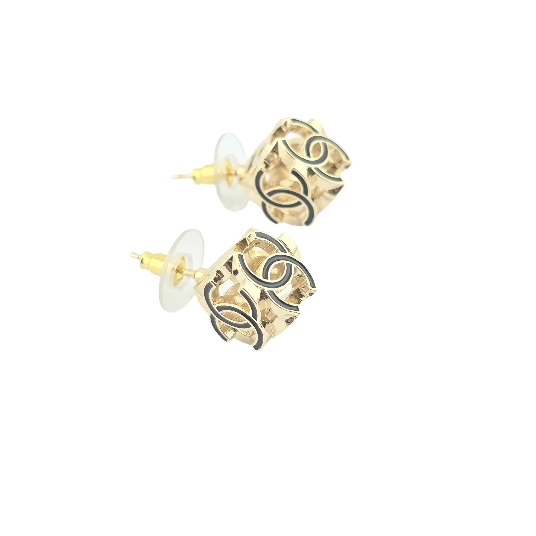 Chanel CC Logo Cube Earrings Black Gold 2022 CHANEL