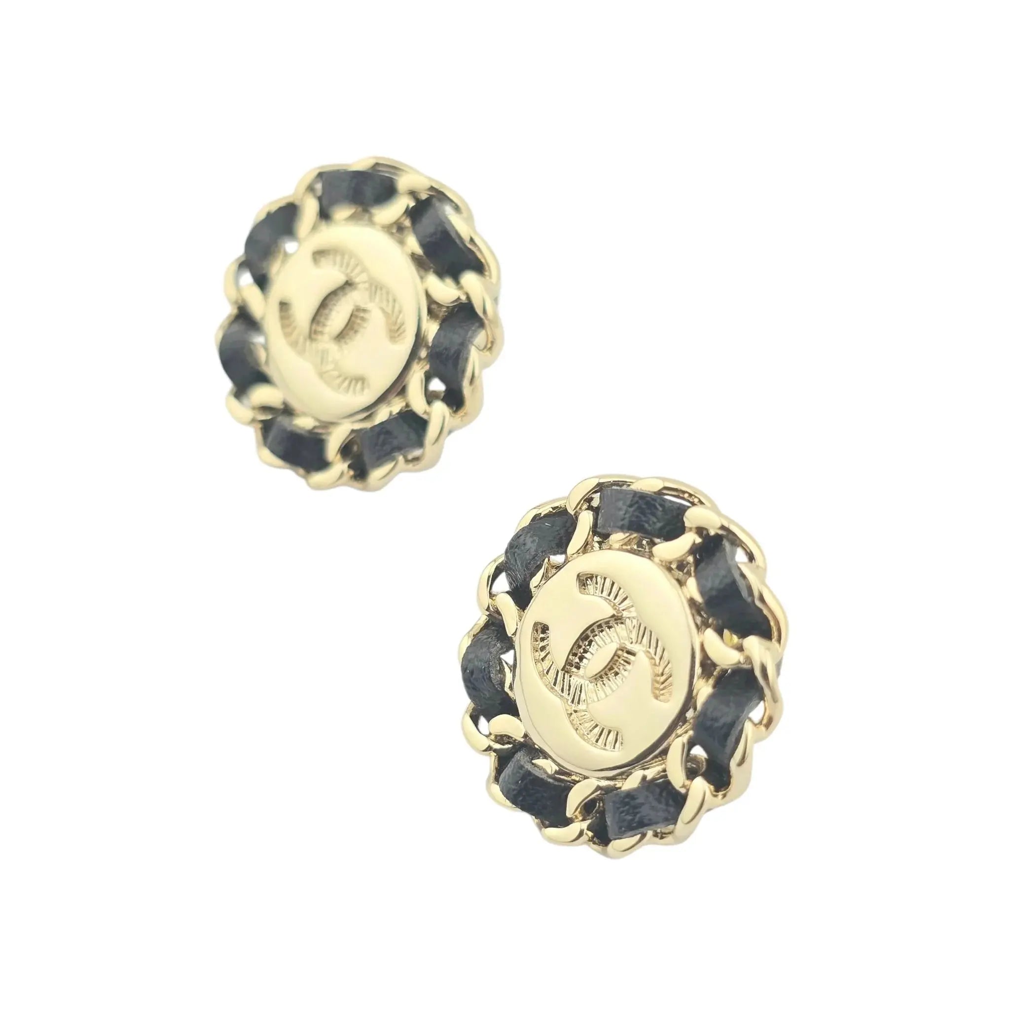 Chanel CC Black Leather Gold Round Earrings 2025 CHANEL