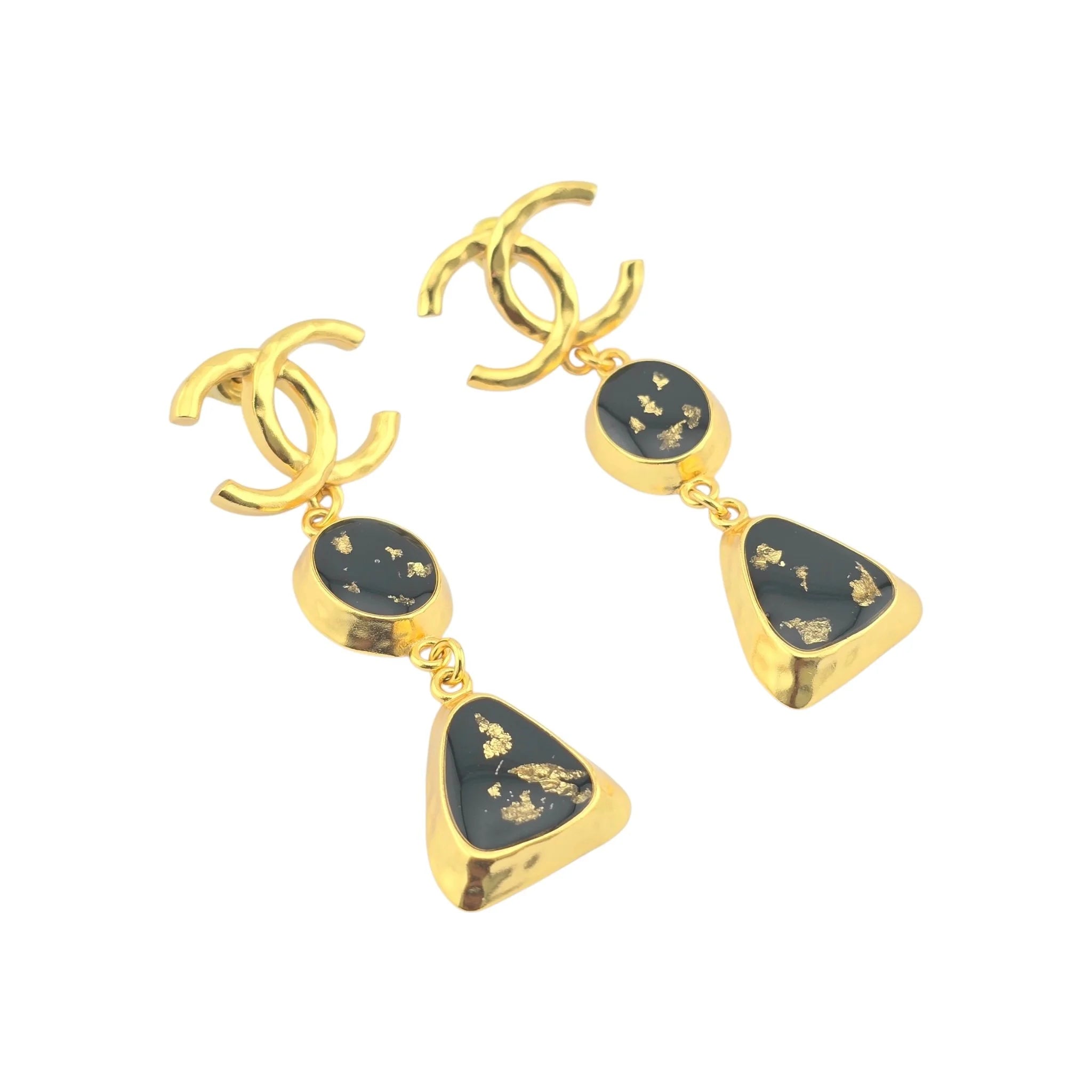 Chanel CC Resin Drop Earrings Gold Black 2023 CHANEL