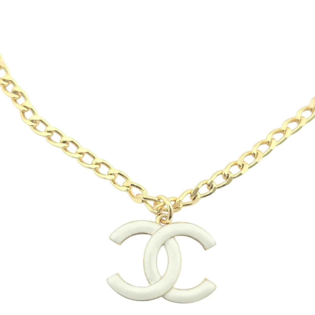 Chanel CC Gold White Enamel Pendant Necklace A22 CHANEL