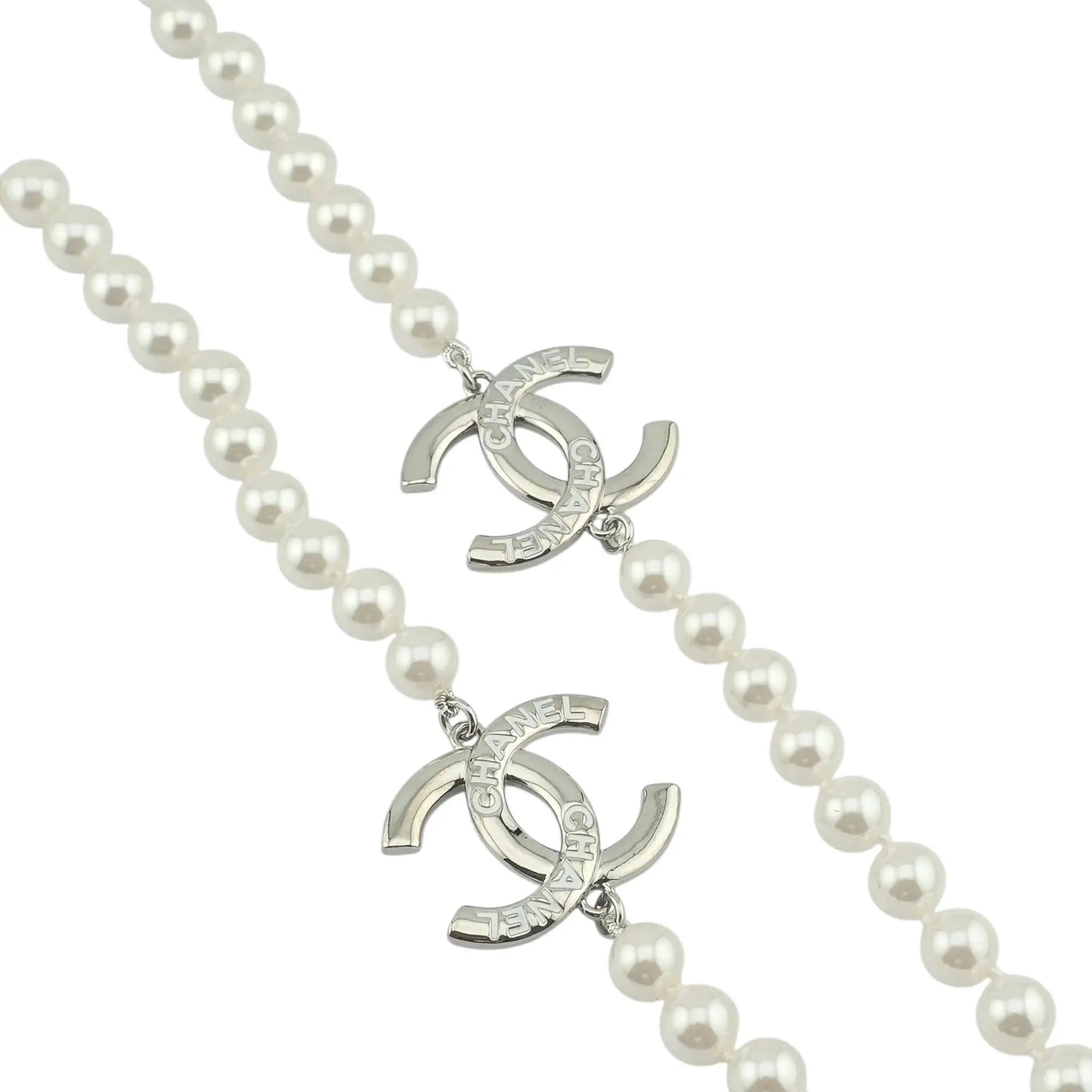 Chanel CC Long Faux Pearl Silver Necklace 2025 CHANEL
