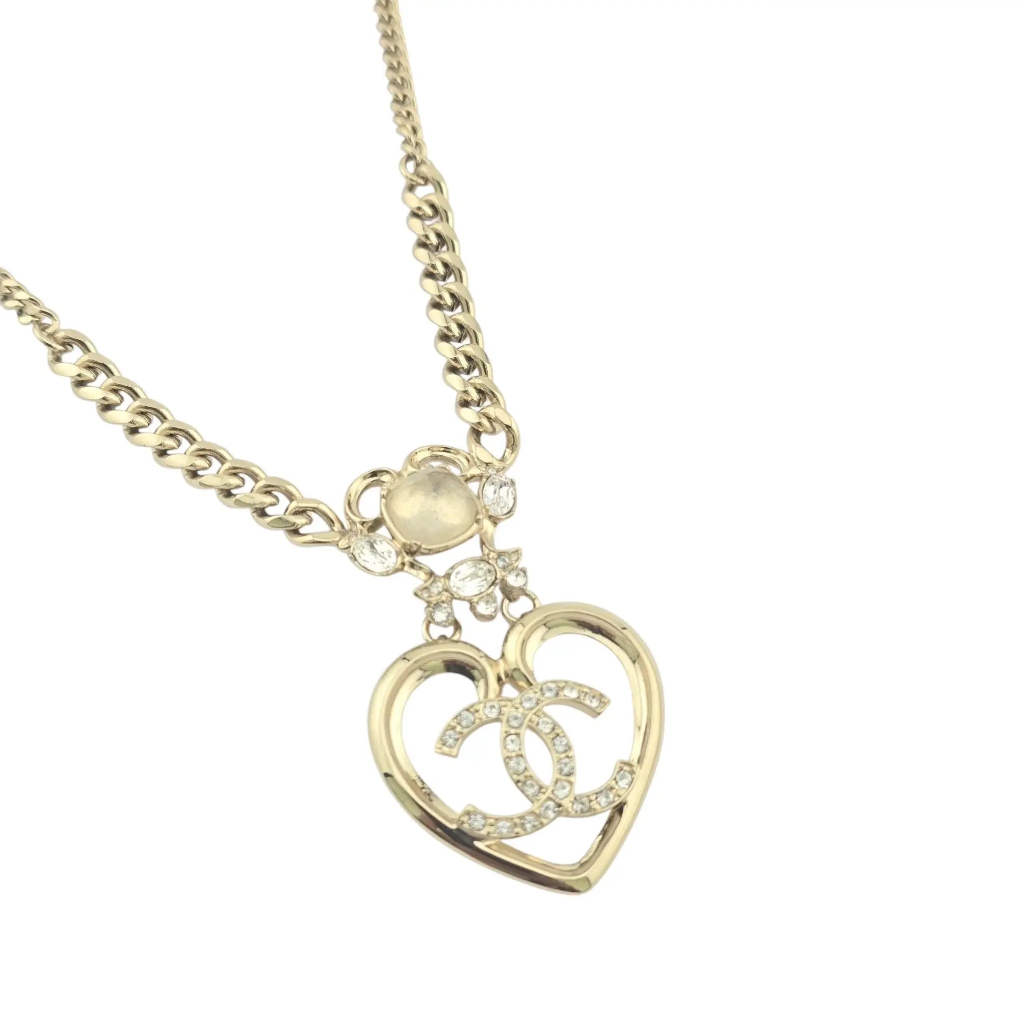 CHANEL CC Crystal Glass Heart Necklace Gold 2024 CHANEL