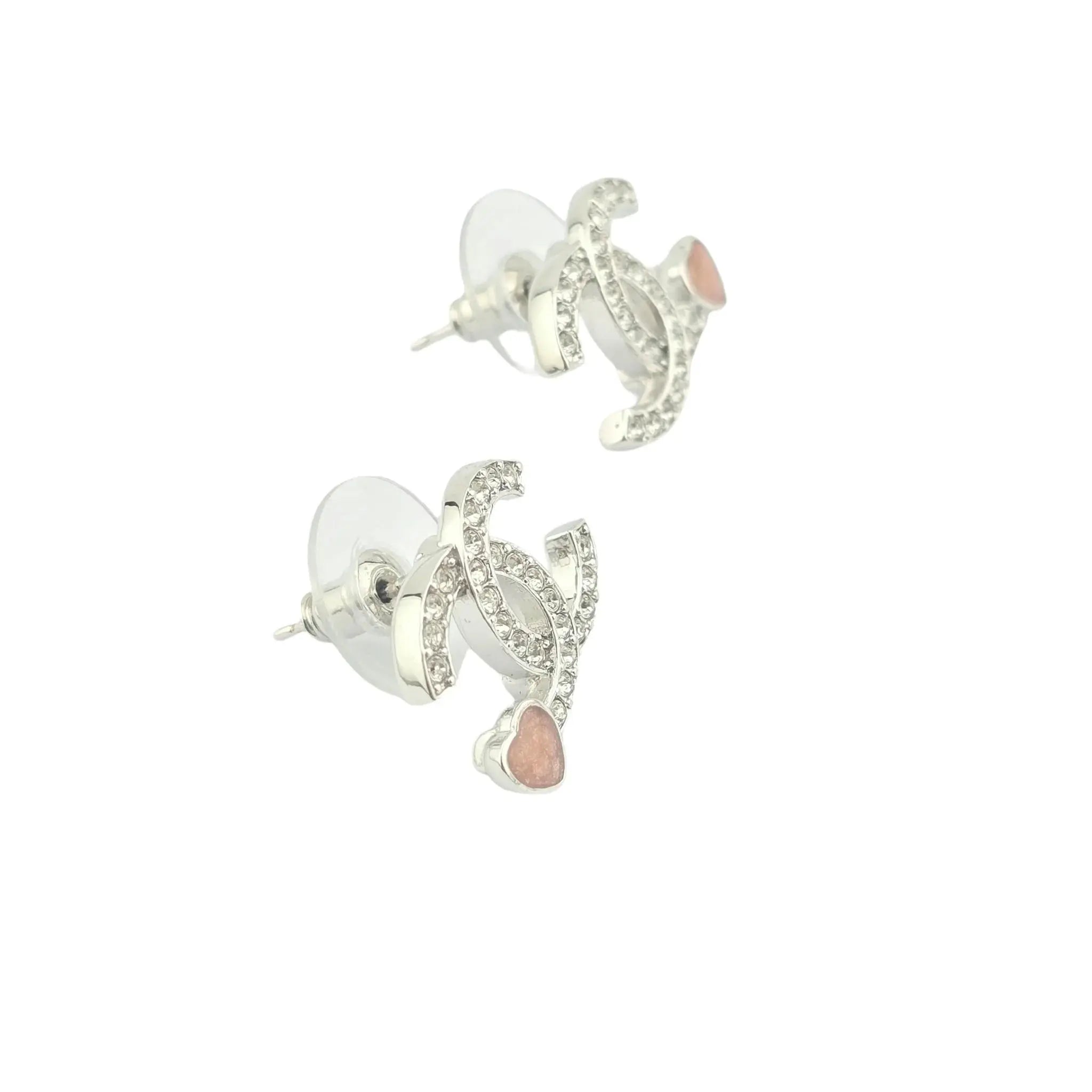 Chanel CC Silver Red Crystal Heart Stud Earrings CHANEL