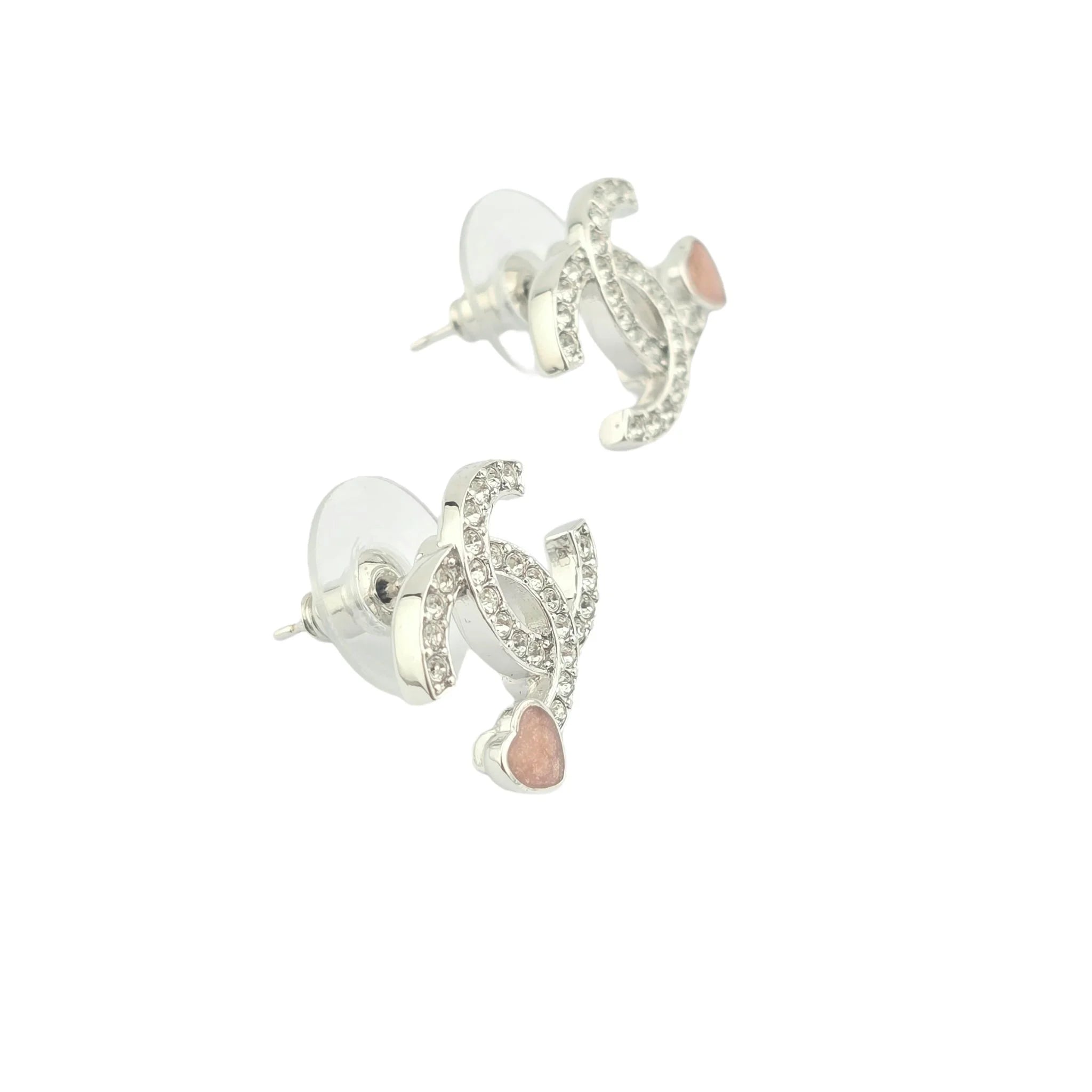 Chanel CC Silver Red Crystal Heart Stud Earrings CHANEL