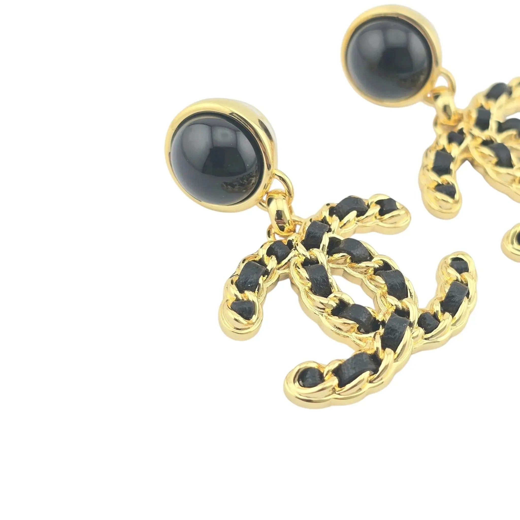 Chanel CC Gold Black Leather Drop Earrings B24 CHANEL