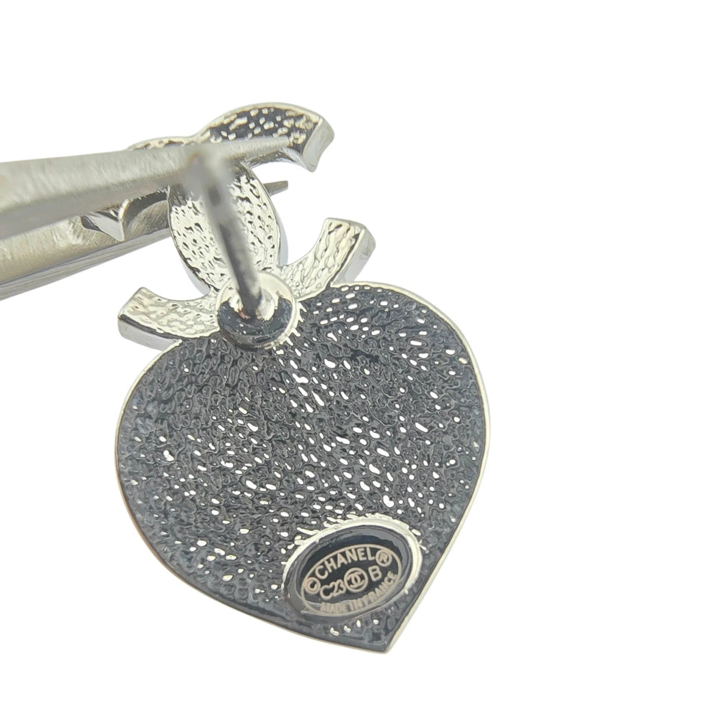 Chanel CC Pearl Crystal Heart Drop Earrings Silver 2023 CHANEL