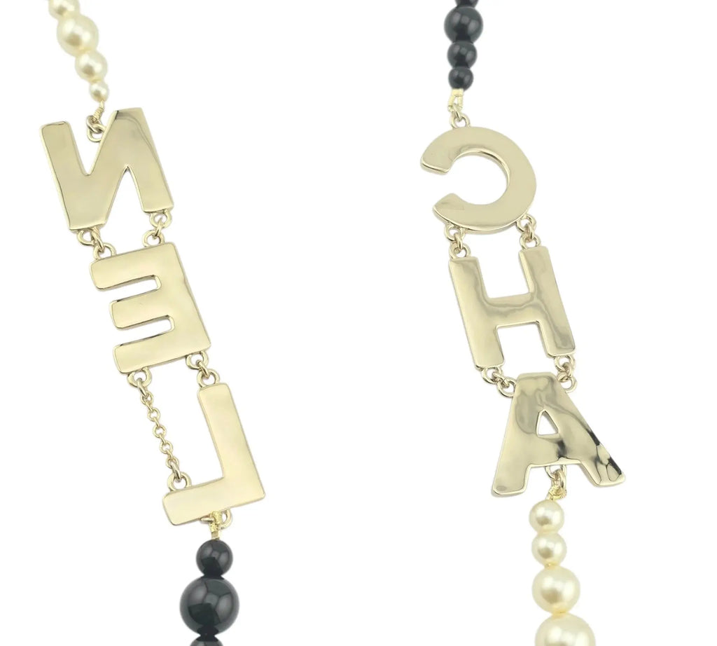 Chanel CC Metal Enamel Pearl Beaded Long Necklace Black White 2022 CHANEL