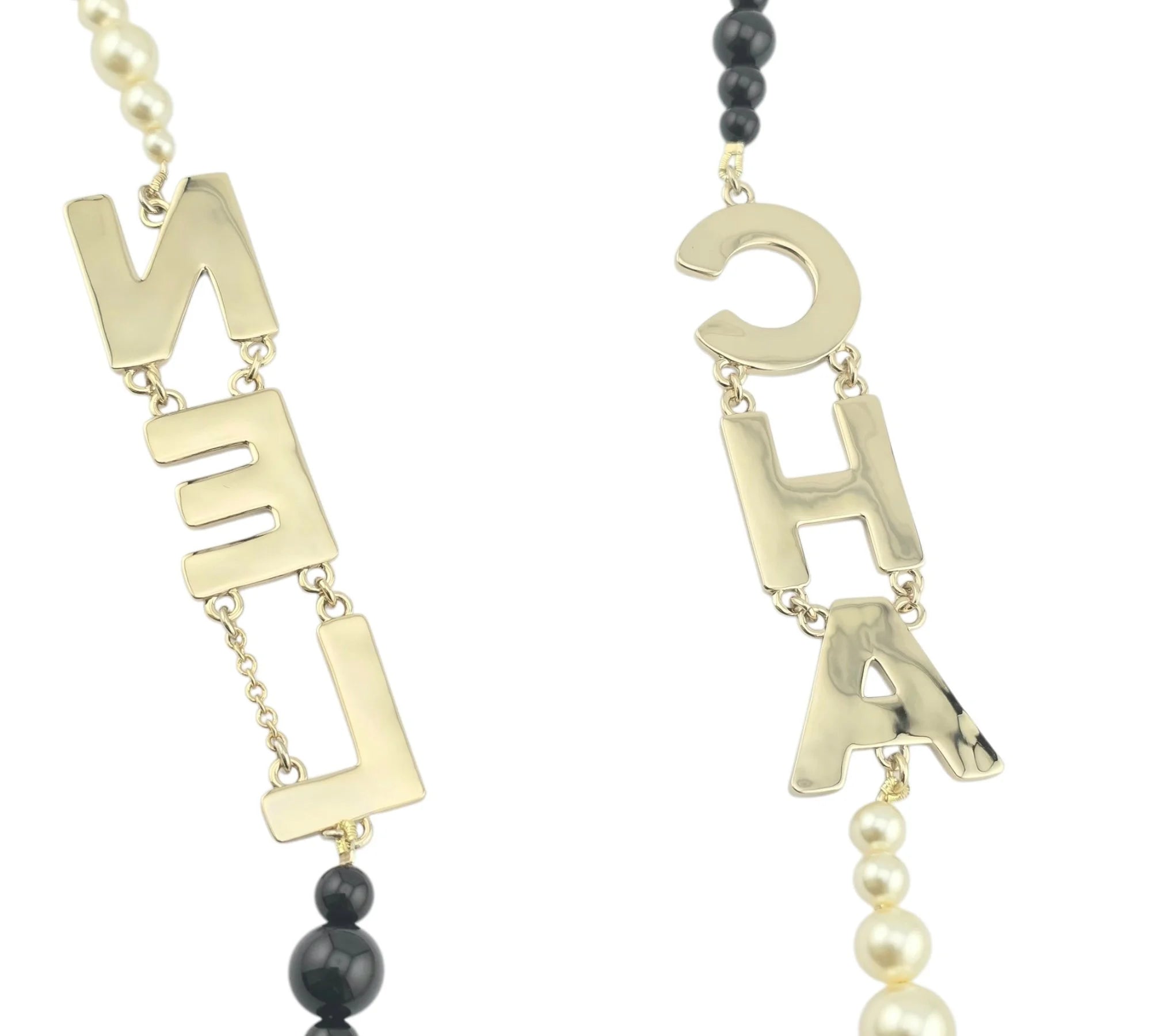 Chanel CC Metal Enamel Pearl Beaded Long Necklace Black White 2022 CHANEL