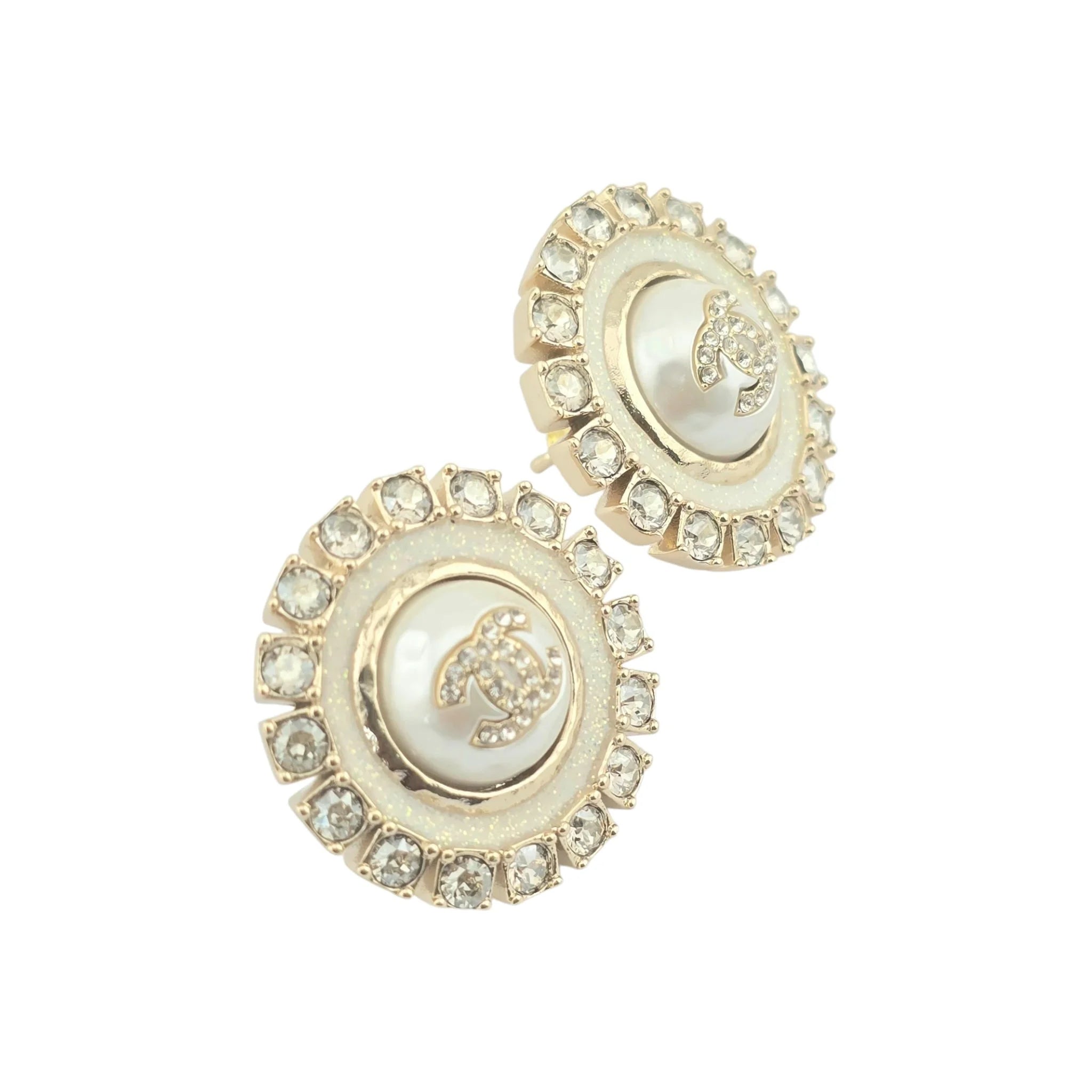 Chanel Metal Pearl Crystal CC Round Earrings Light Gold 2024 CHANEL