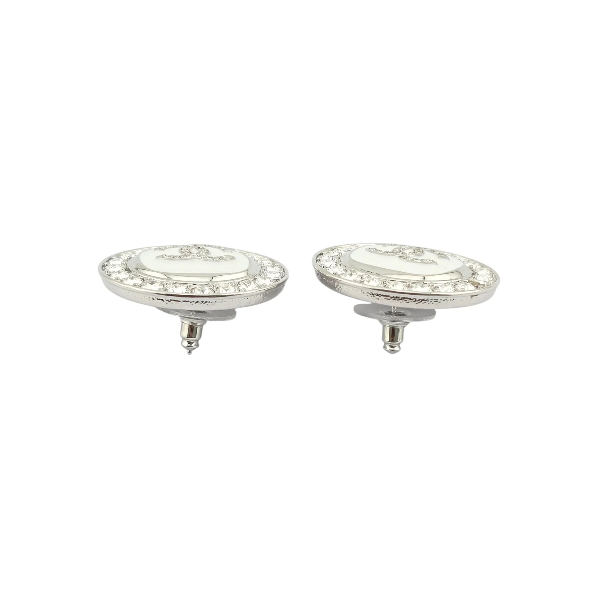 Chanel CC Round White Silver Crystal Earrings 2025 CHANEL