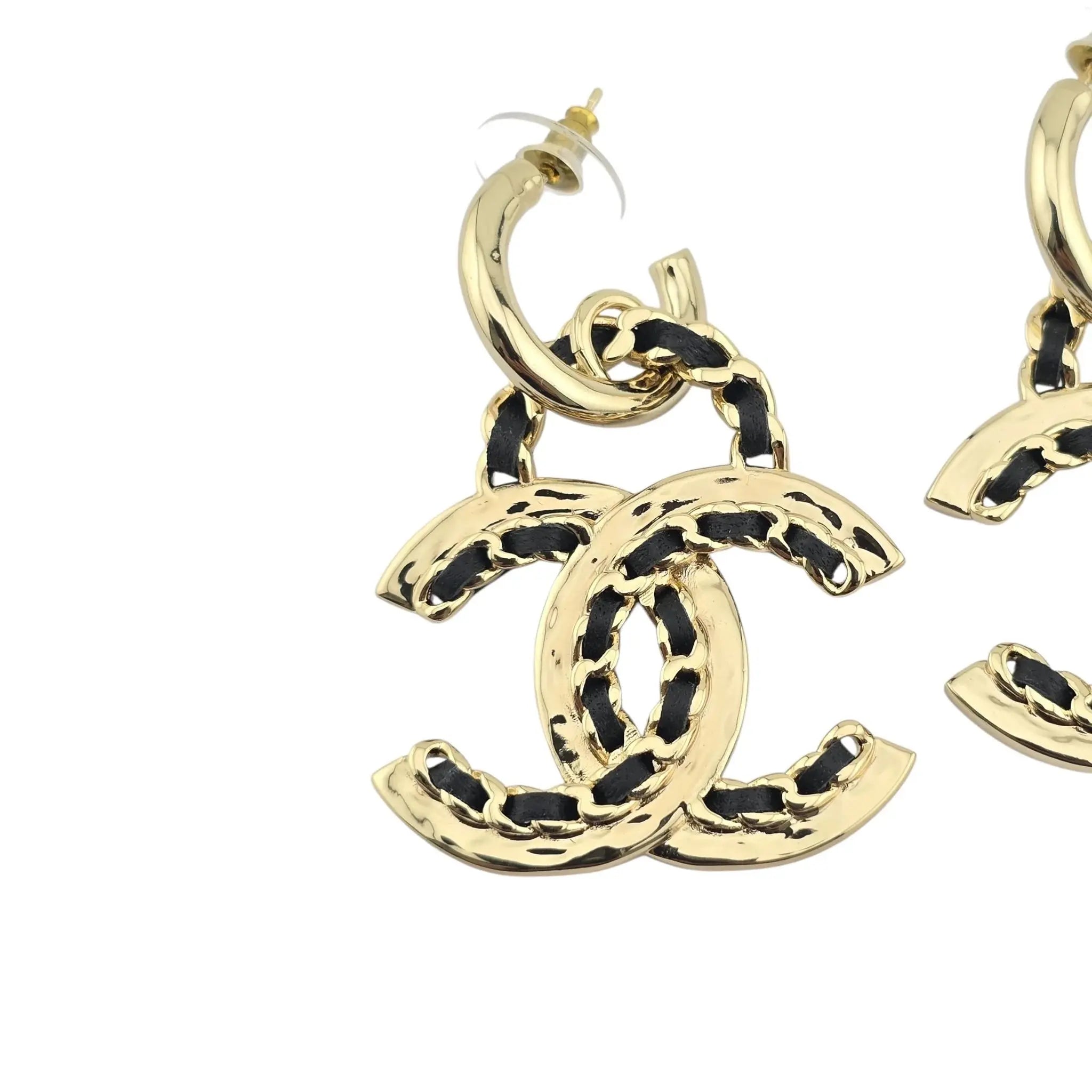 Chanel CC Gold Black Woven Leather Drop Earrings 2021 CHANEL