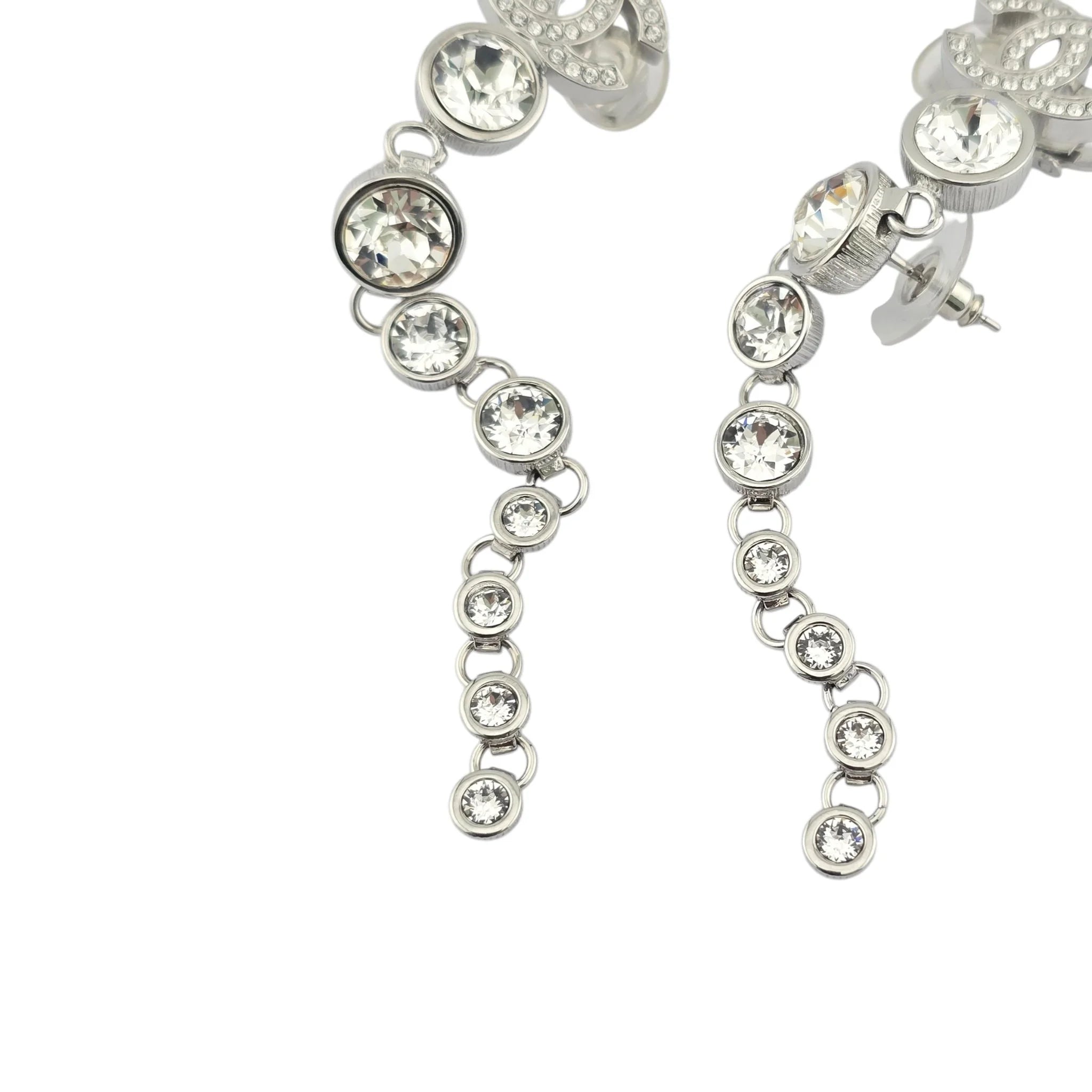 Chanel CC Crystal Cuff Climber Long Drop Earrings Silver 2023 CHANEL