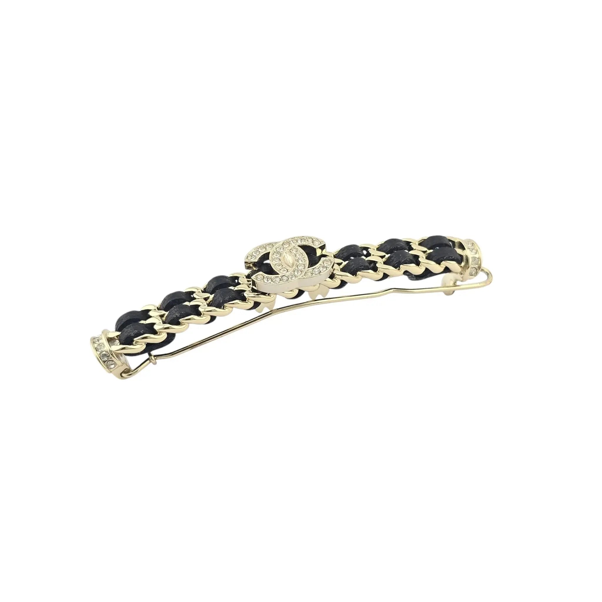 Chanel CC Black Leather Crystal Hair Barrette Clip B21 CHANEL
