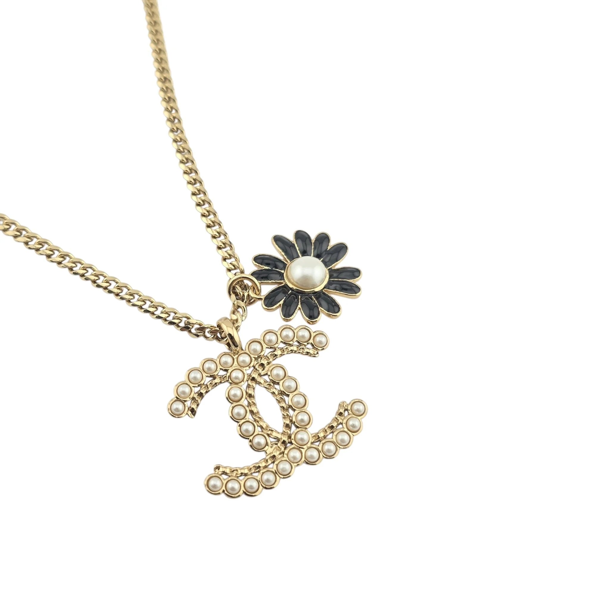 Chanel Floral Faux Pearl CC Pendant Necklace A22 CHANEL