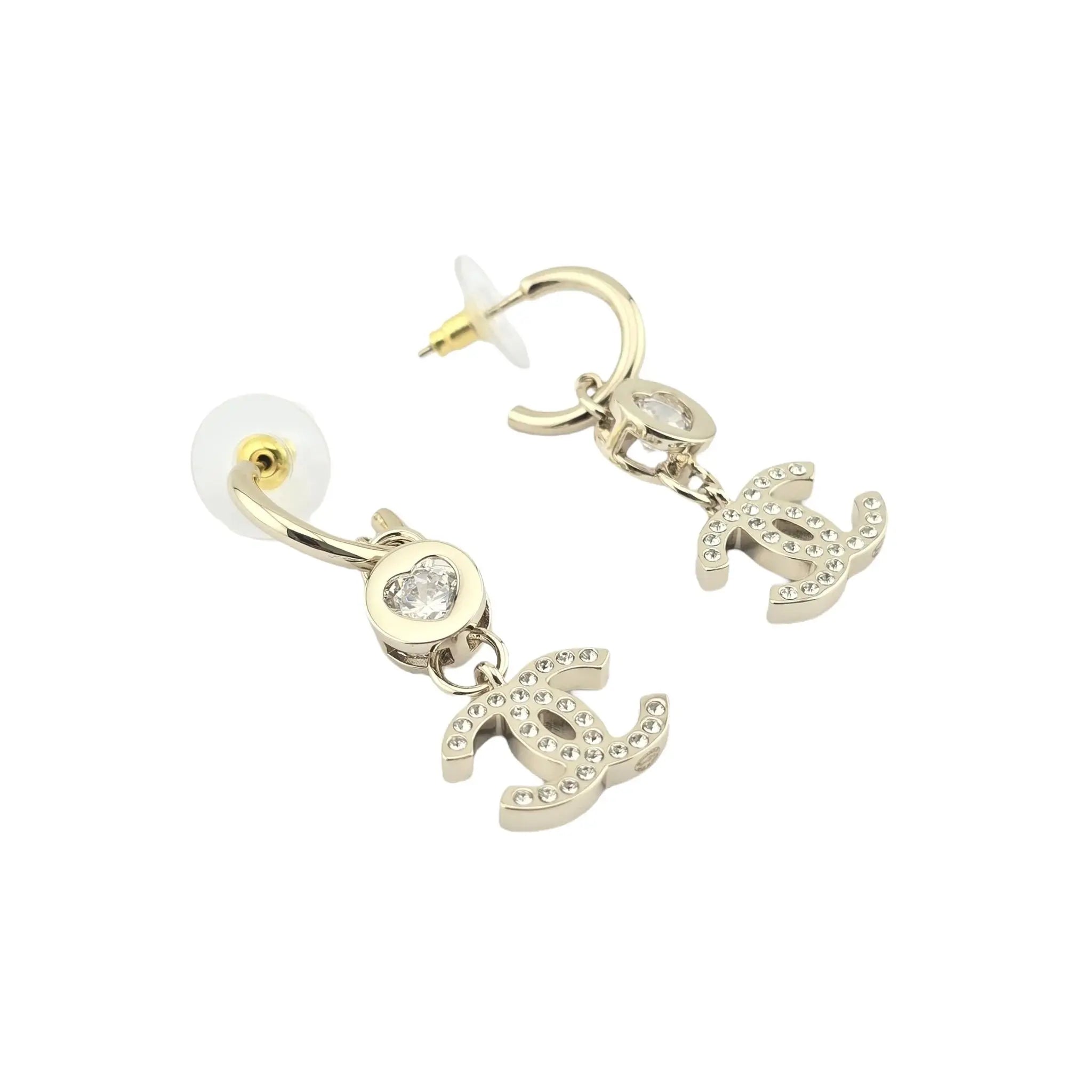 Chanel CC Crystal Heart Drop Earrings Gold CHANEL
