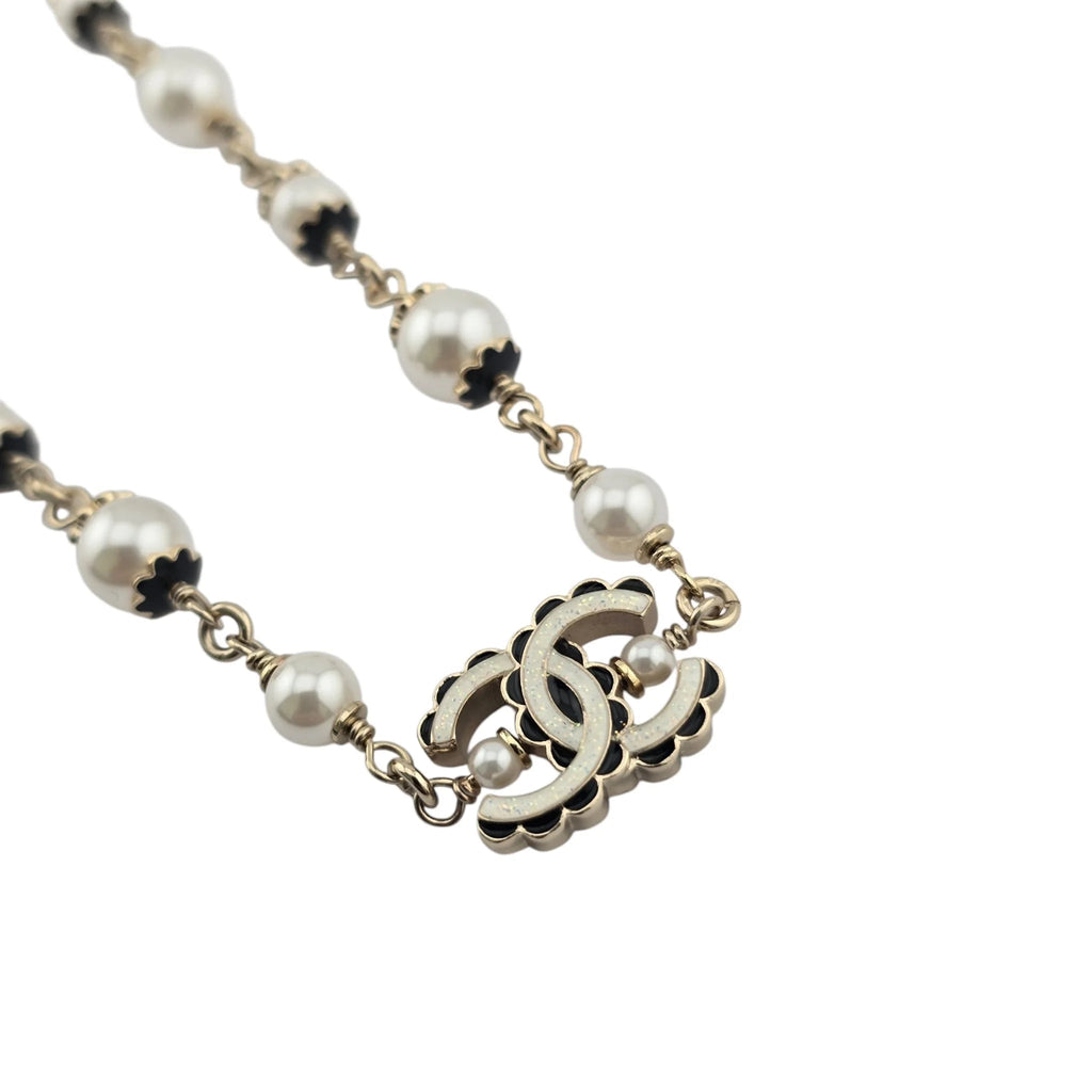 Chanel CC Pearl Gold Long Necklace Black White 2024 CHANEL