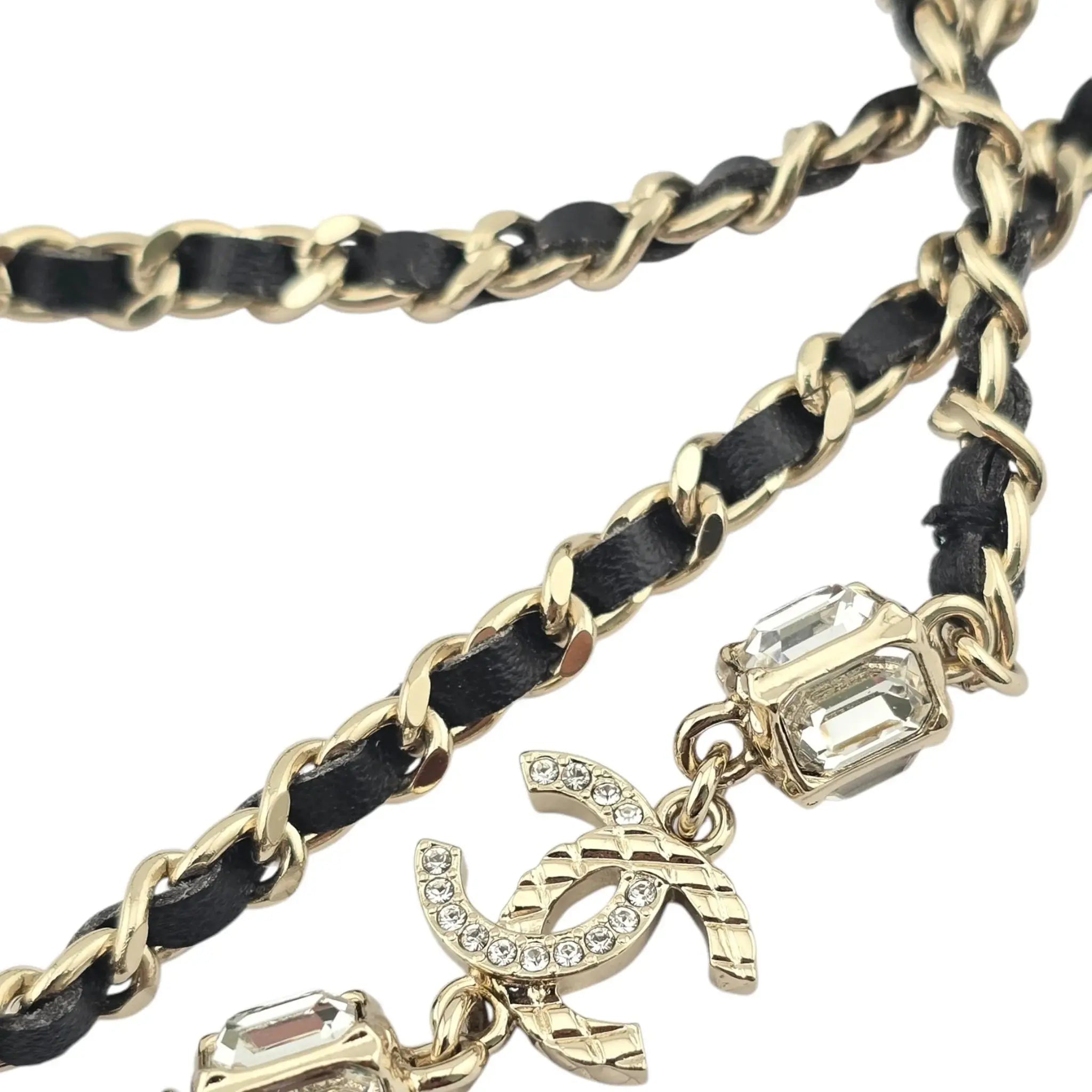 Chanel CC Gold Black Leather Long Necklace A23 CHANEL