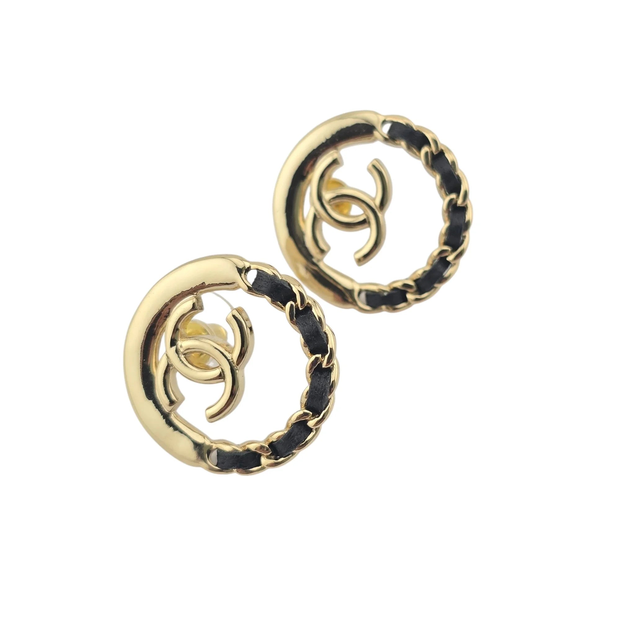 Chanel CC Round Gold Black Leather Earrings 2022 CHANEL