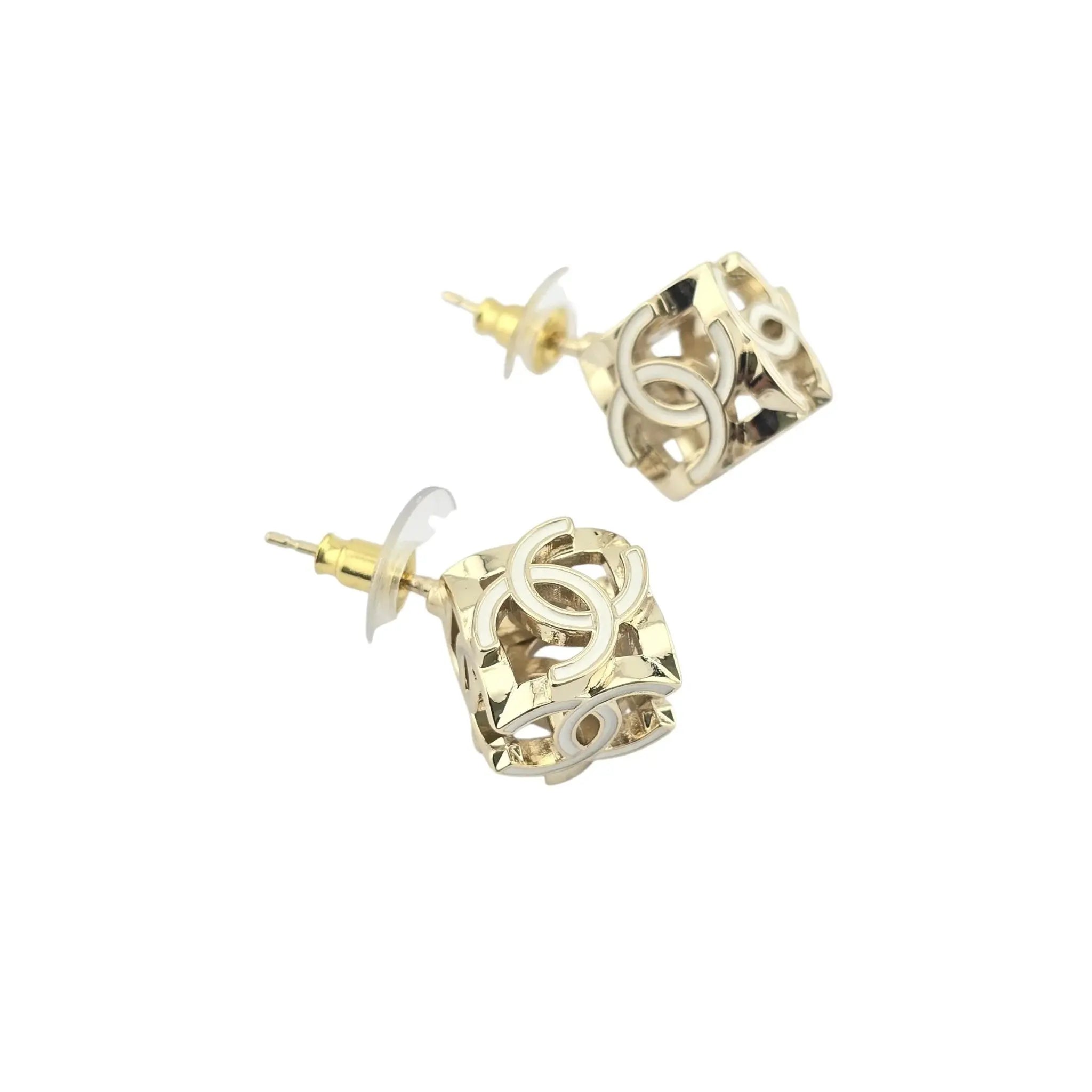 Chanel CC Logo Cube Earrings White Gold 2022 CHANEL