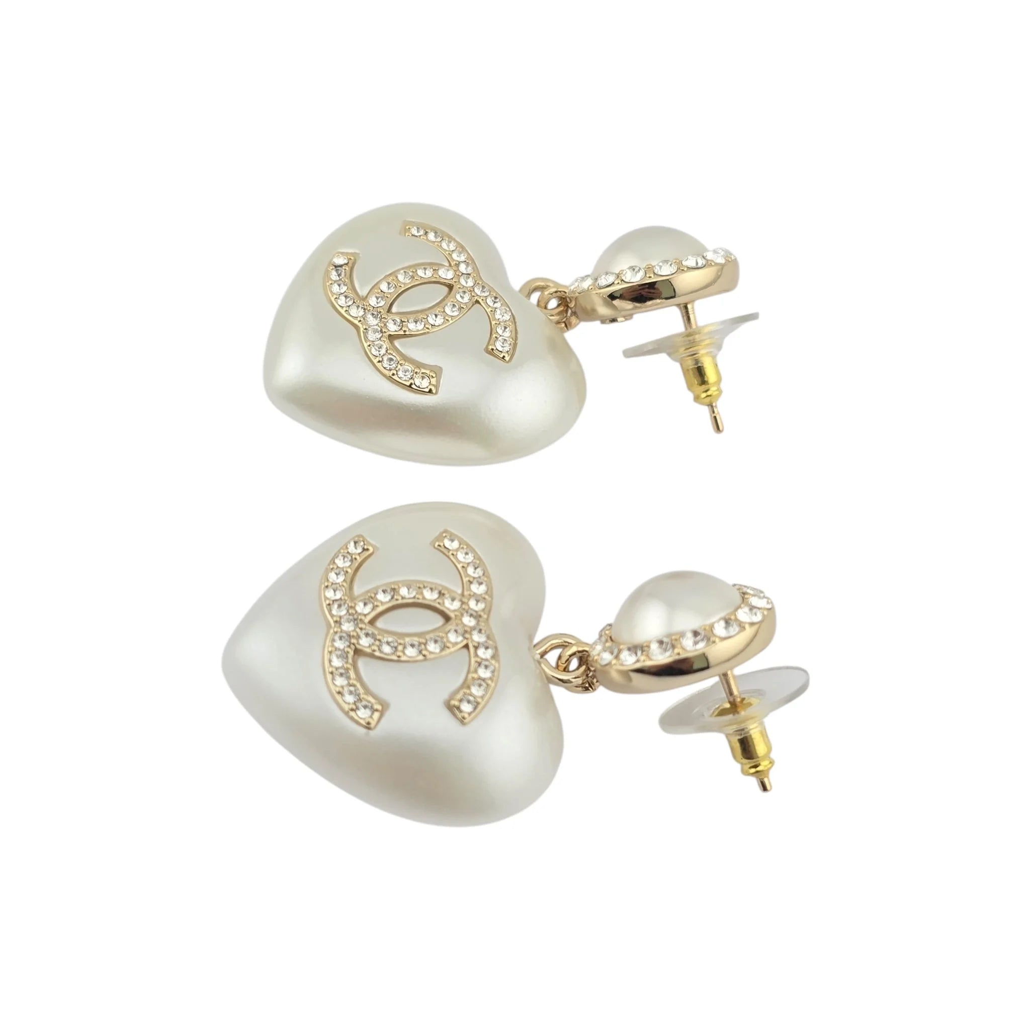 Chanel CC Pearl Crystal Heart Drop Earrings Gold 2021 CHANEL