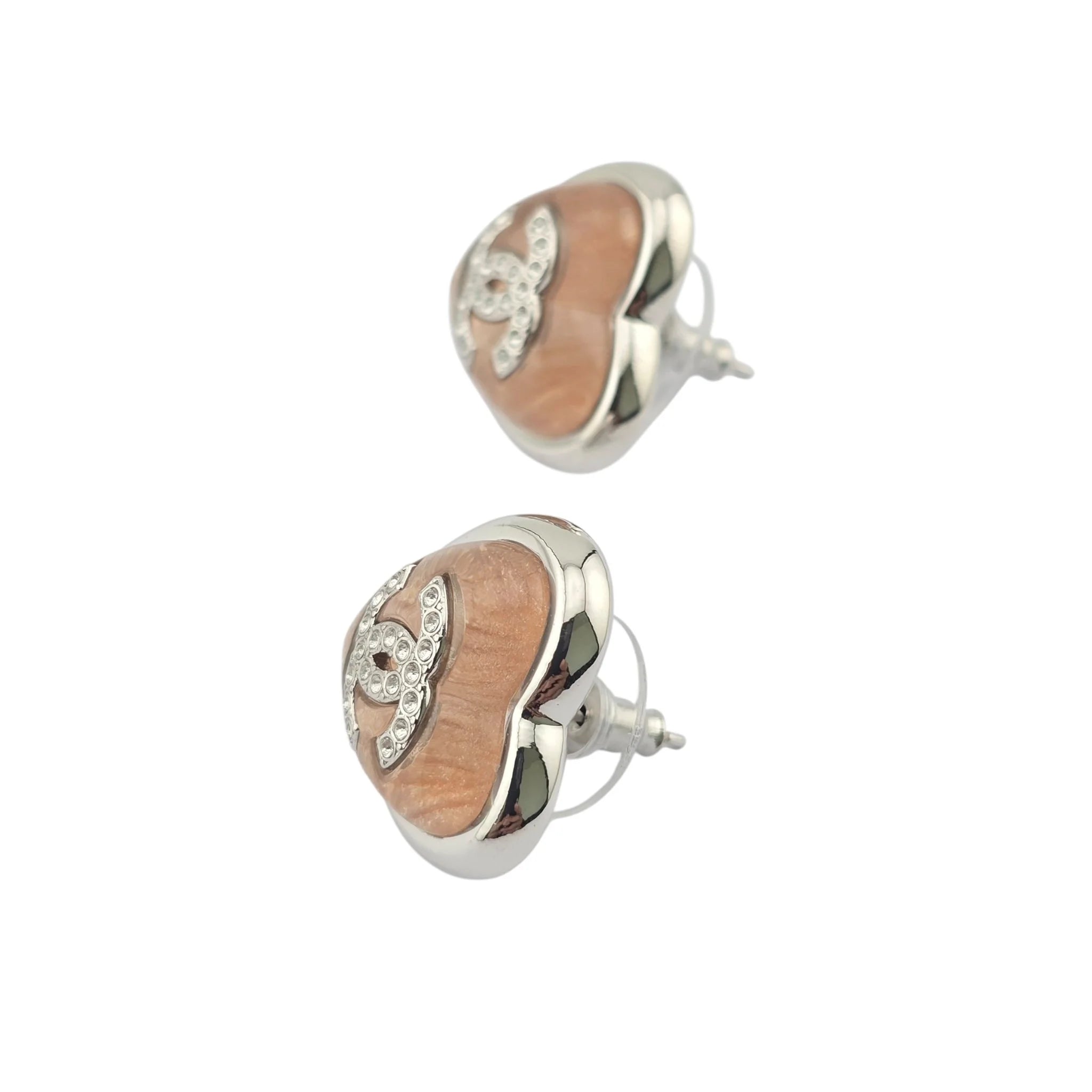 Chanel CC Pink Heart Silver Metal Earrings B25 CHANEL