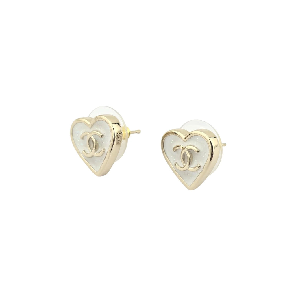 Chanel CC White Enamel Heart Stud 2025 CHANEL