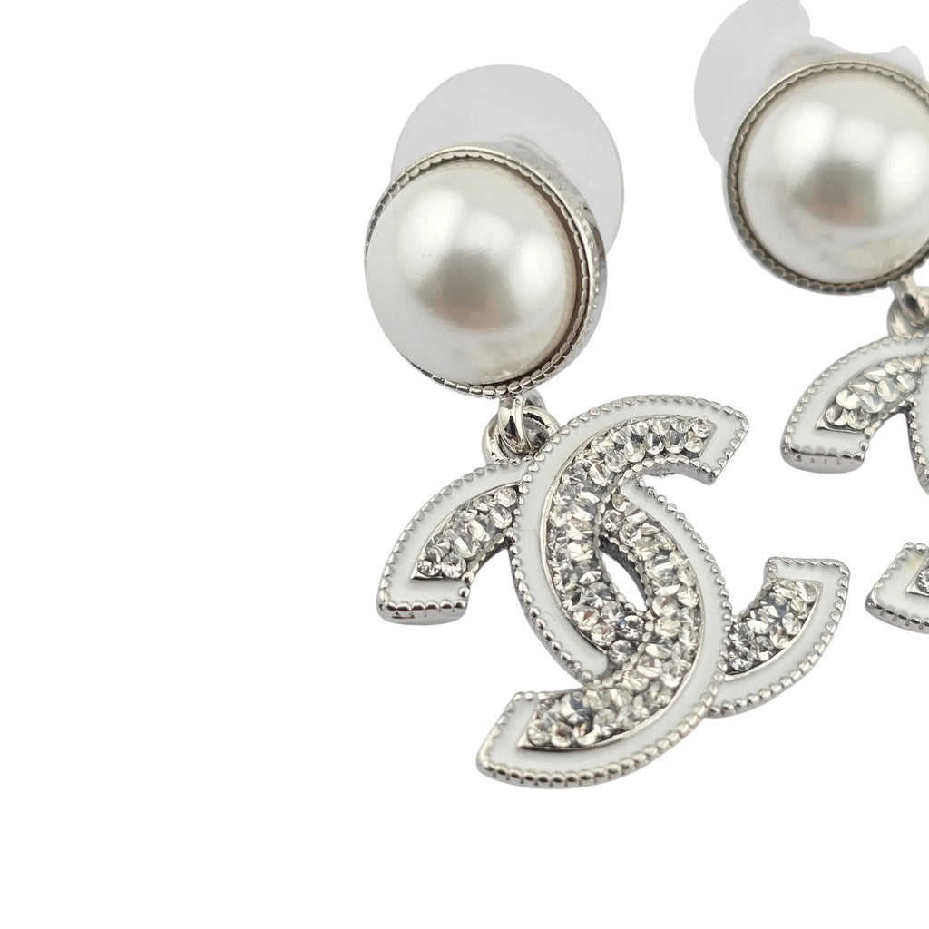 Chanel CC White Silver Crystal Faux Pearl Drop Earrings 2025 CHANEL