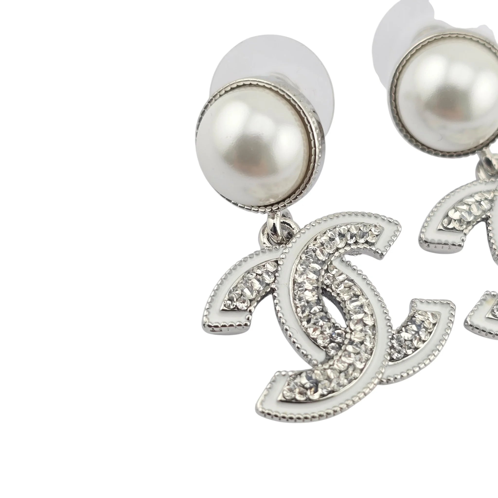 Chanel CC White Silver Crystal Faux Pearl Drop Earrings 2025 CHANEL