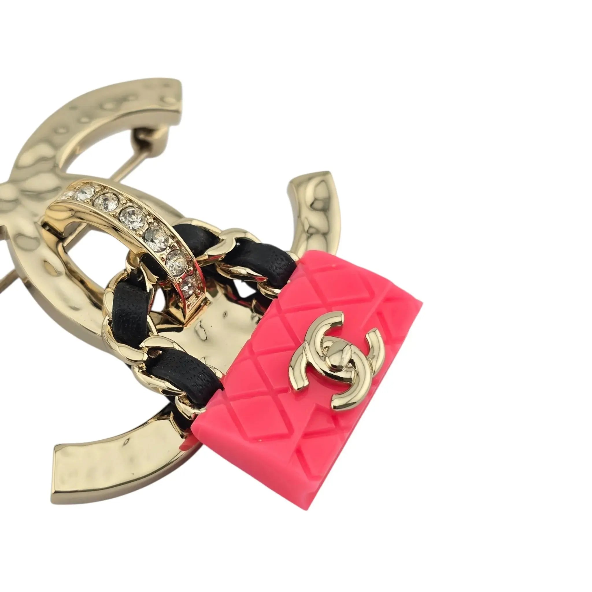 Chanel CC Crystal Resin Flap Bag Brooch Gold Pink 2023 CHANEL