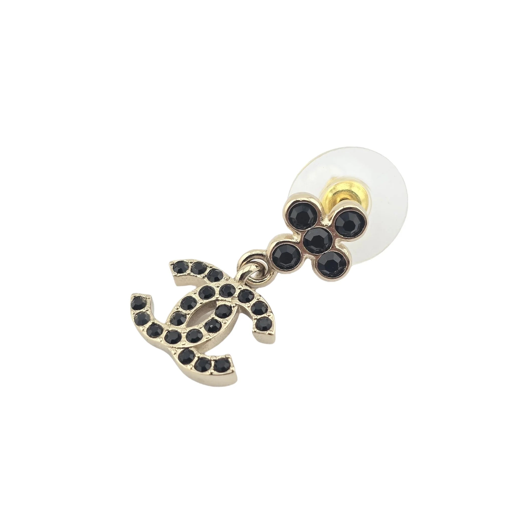 Chanel CC Crystal Drop Earrings Gold Black B23 CHANEL