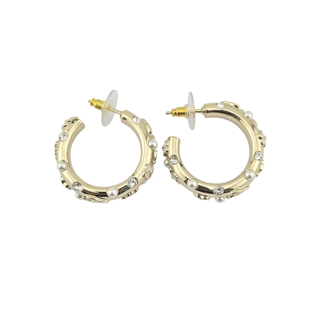 Chanel CC Pearl Clover Camellia Hoop Earrings B22 CHANEL