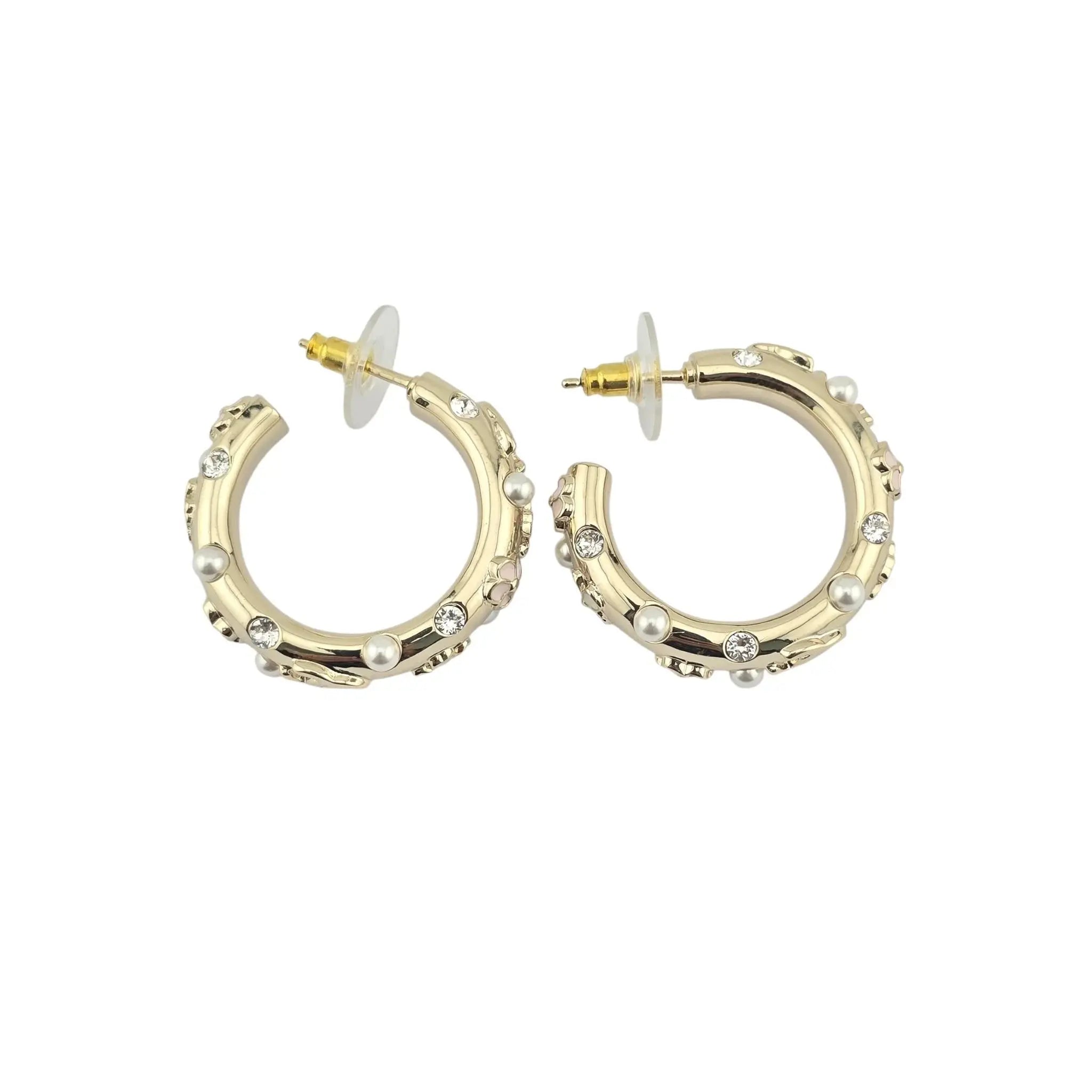 Chanel CC Pearl Clover Camellia Hoop Earrings B22 CHANEL