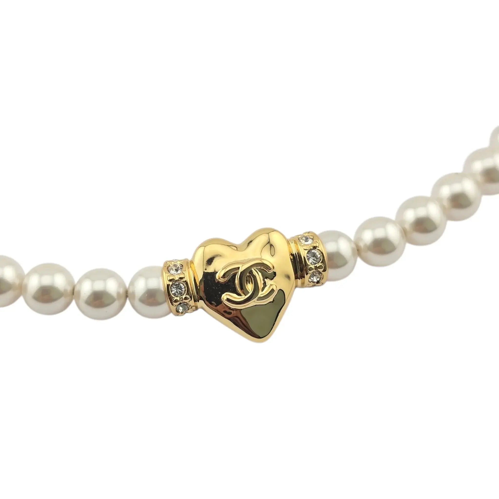 Chanel CC Long Faux Pearl Gold Heart Necklace CHANEL