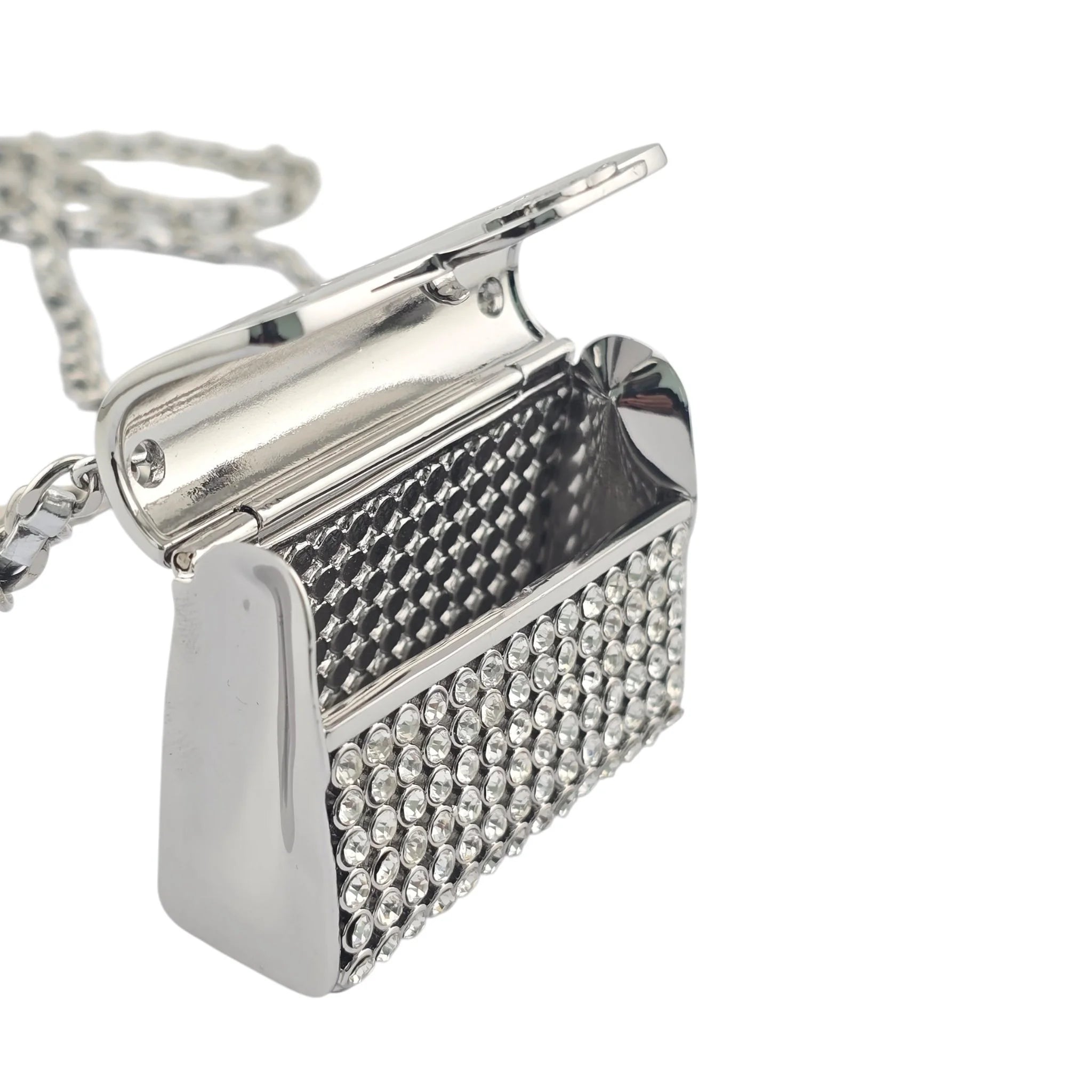 Chanel CC Metal Lambskin Strass Crystal Mini Bag Long Necklace Silver CHANEL
