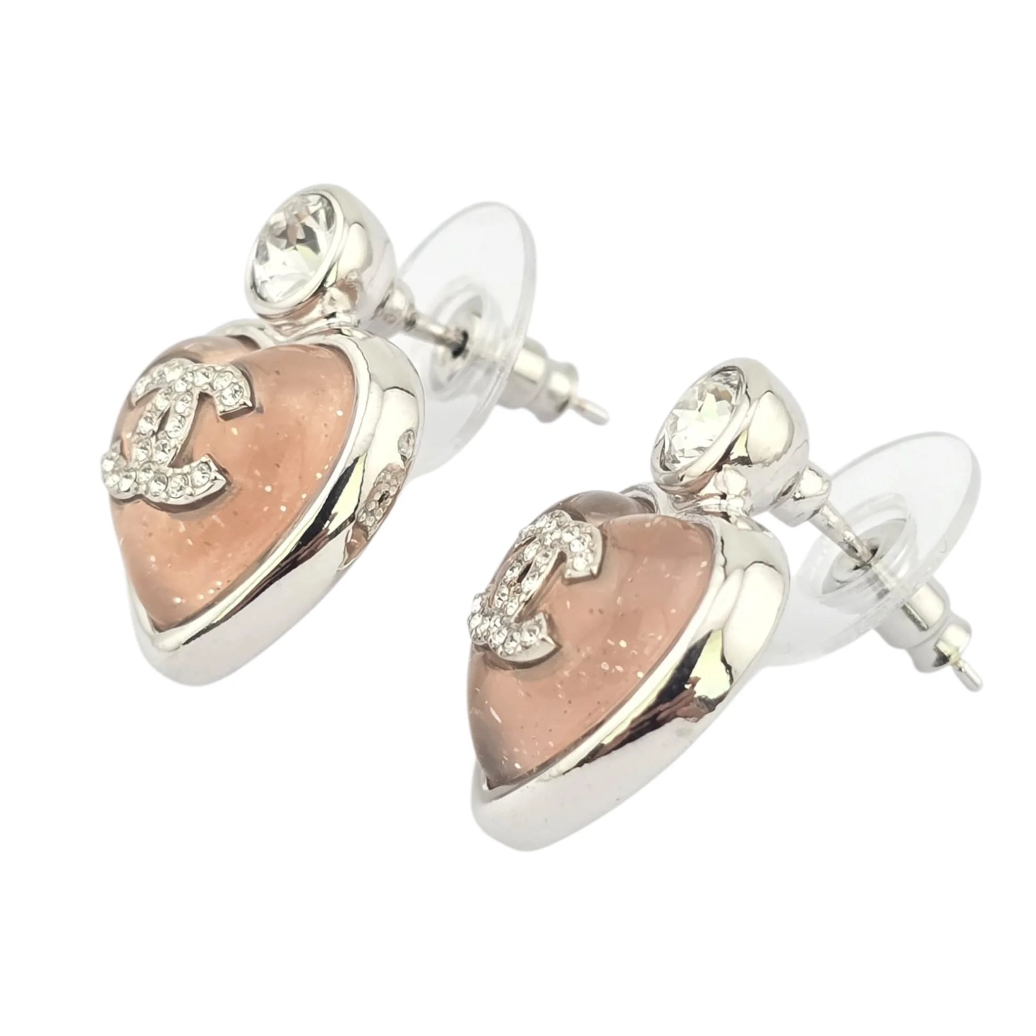 Chanel CC Pink Heart Silver Crystal Metal Earrings B25 CHANEL