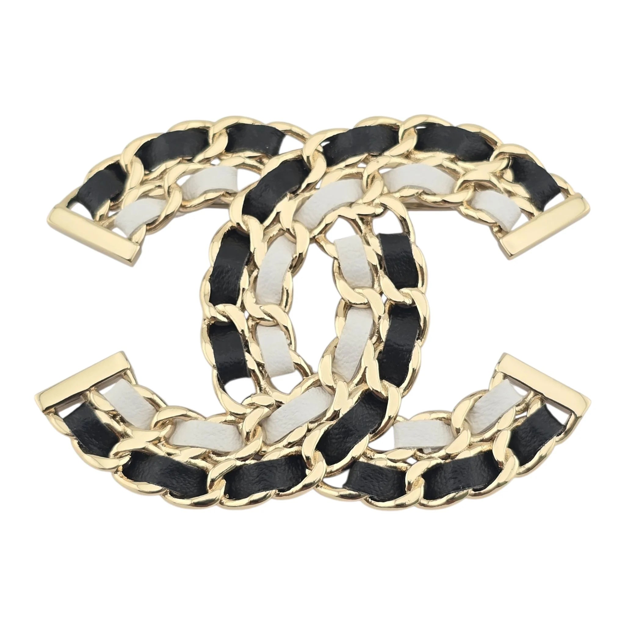 Chanel CC Lambskin Chain Brooch Black White Gold 2022 CHANEL